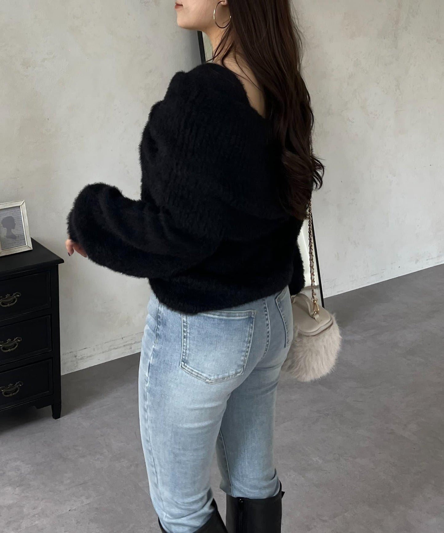 【前後兩穿】一字肩蝴蝶結毛絨針織衫