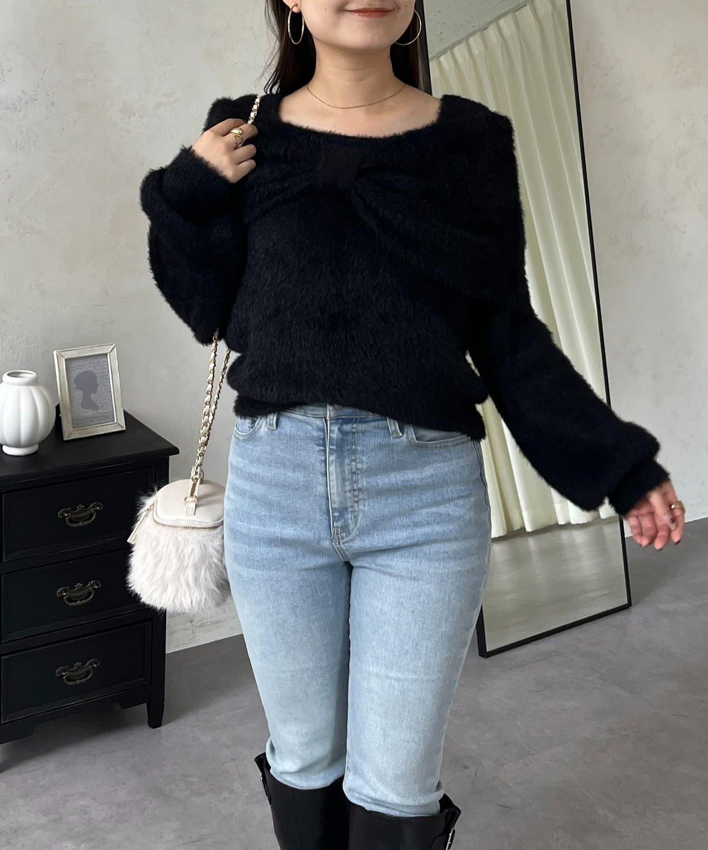 【前後兩穿】一字肩蝴蝶結毛絨針織衫