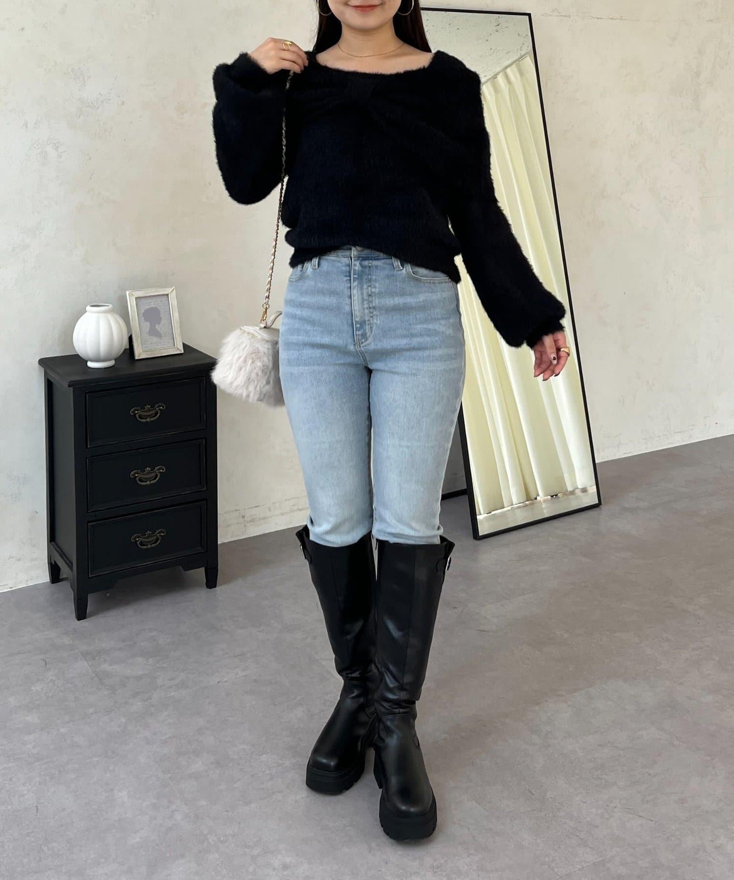 【前後兩穿】一字肩蝴蝶結毛絨針織衫