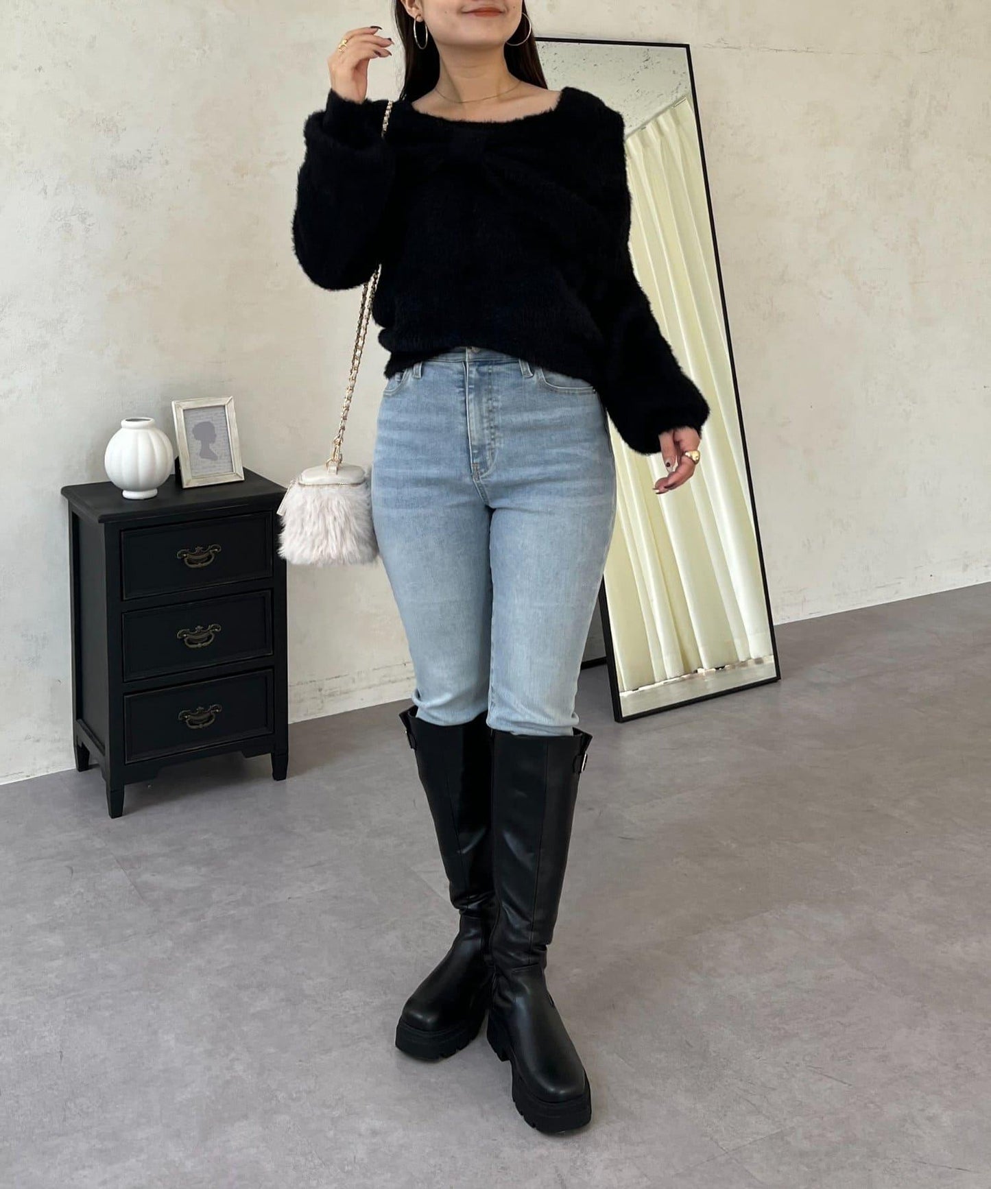 【前後兩穿】一字肩蝴蝶結毛絨針織衫