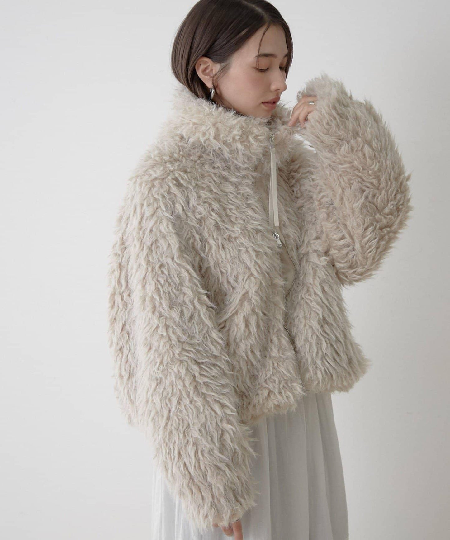 【nane】【Suzuki セレクト】雙拉鍊拼接仿毛皮飛行夾克