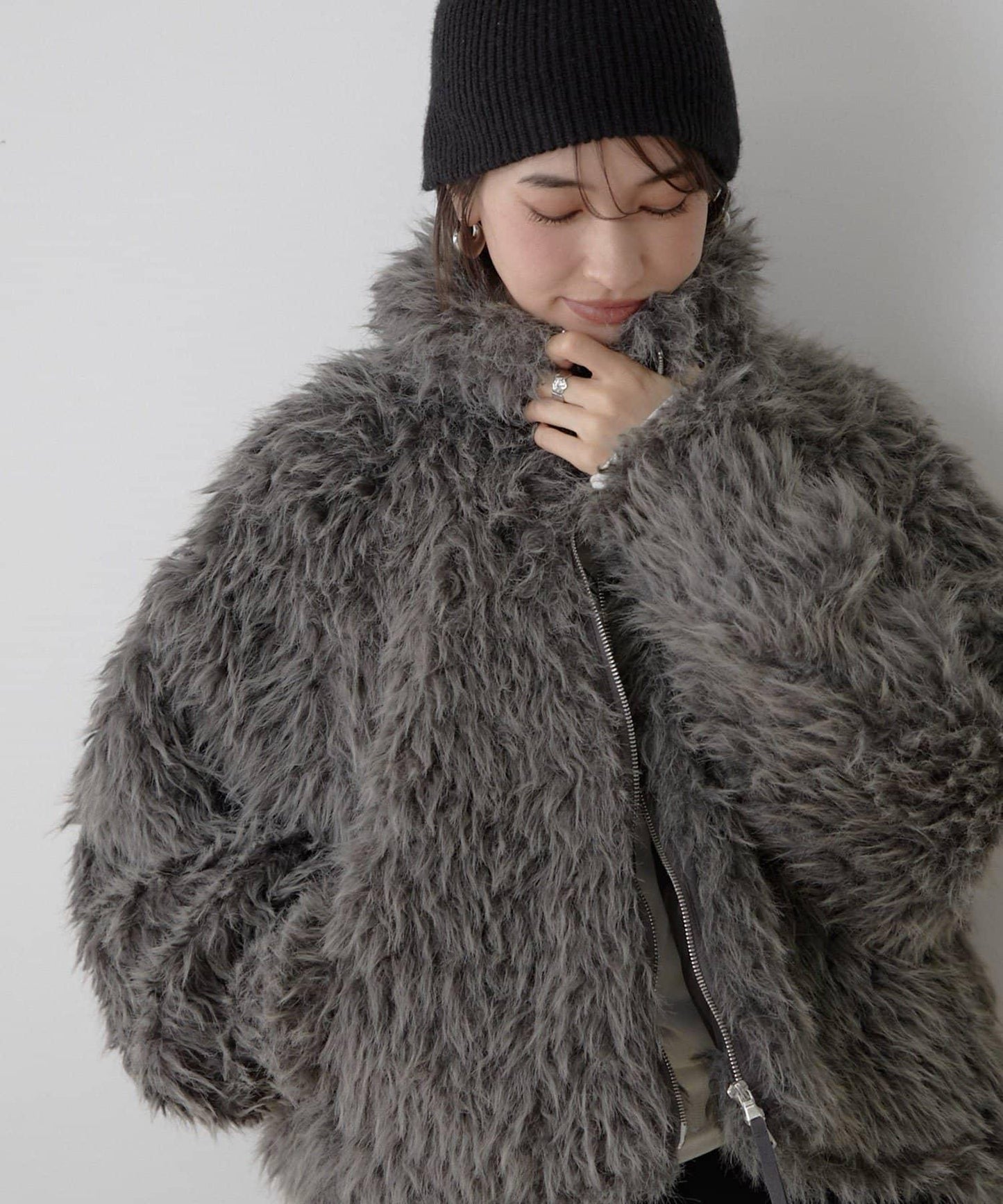 【nane】【Suzuki セレクト】雙拉鍊拼接仿毛皮飛行夾克