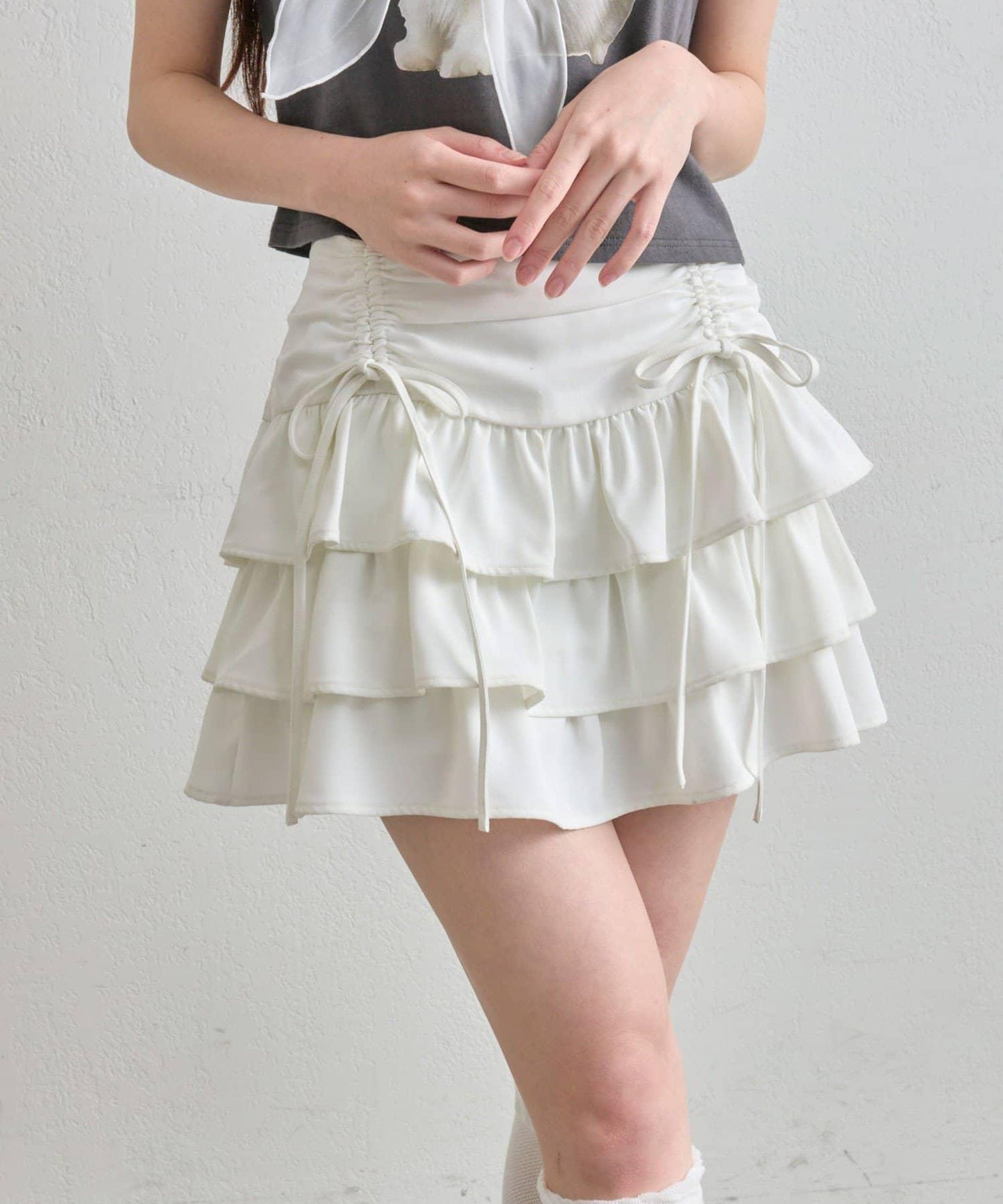 收腰抽繩層疊半身裙