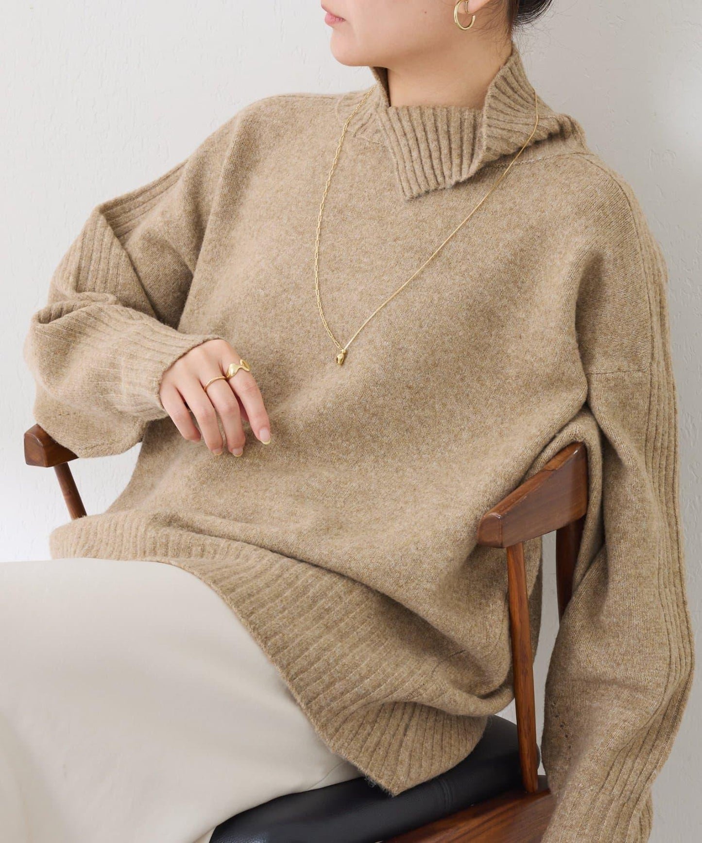 【可水洗針織】羊毛混紡開叉高領針織衫