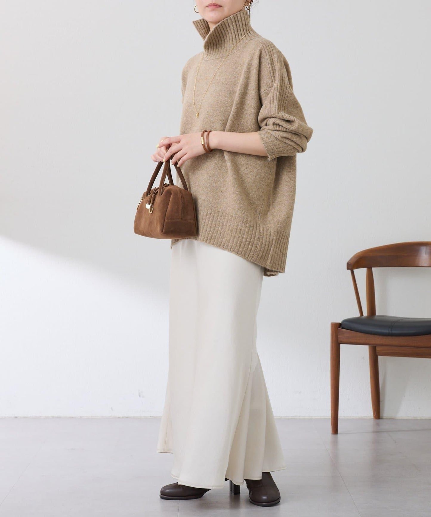 【可水洗針織】羊毛混紡開叉高領針織衫