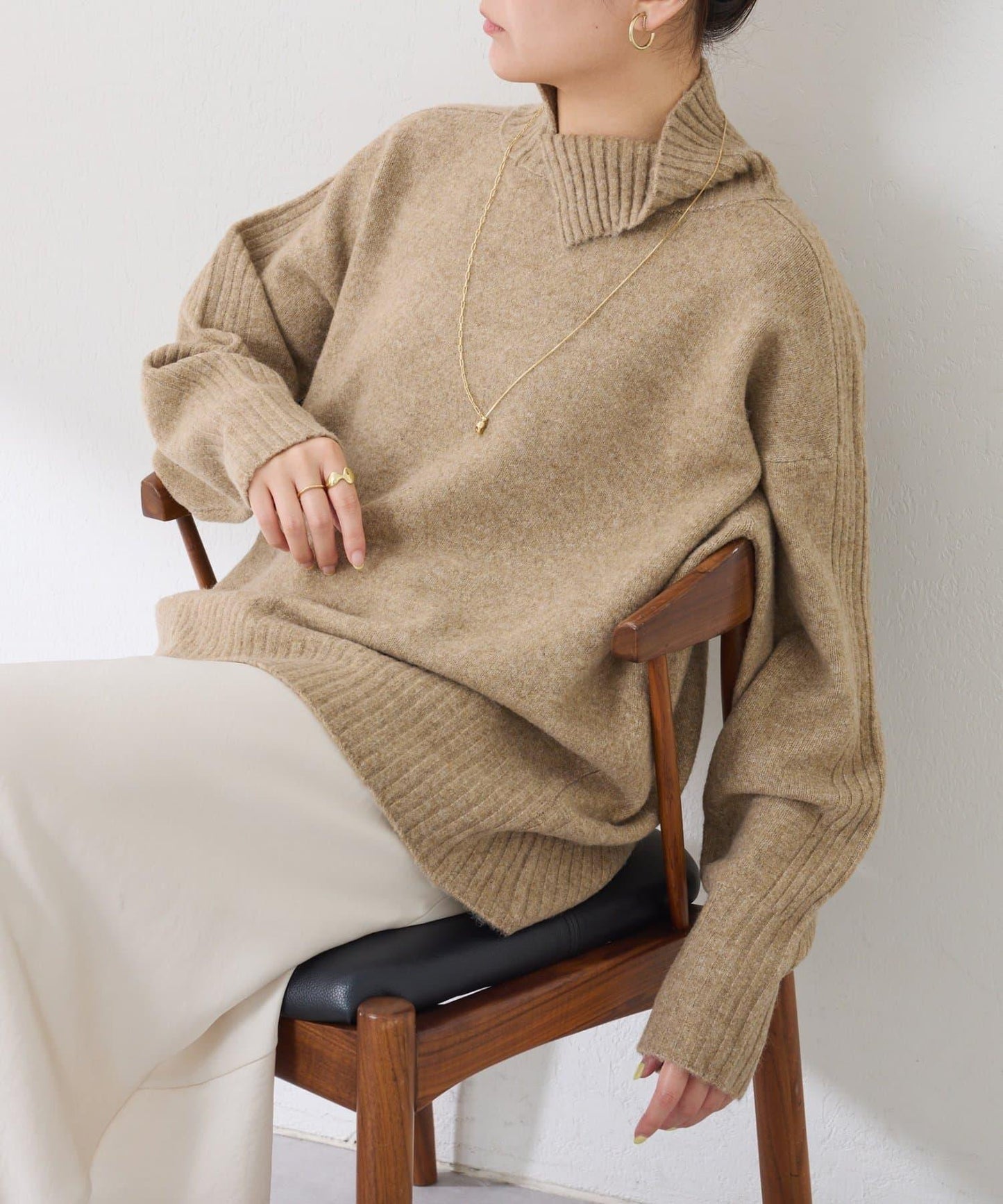 【可水洗針織】羊毛混紡開叉高領針織衫