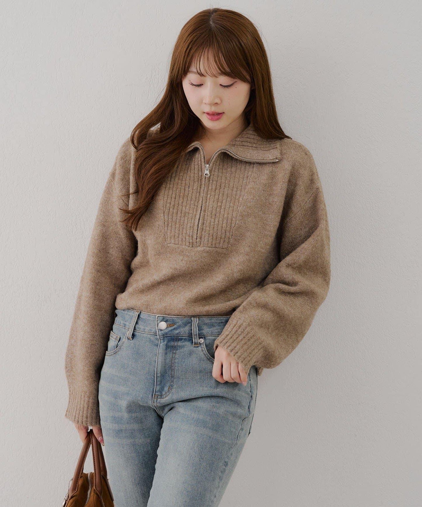 柔軟觸感仿犛牛絨半拉鍊針織衫