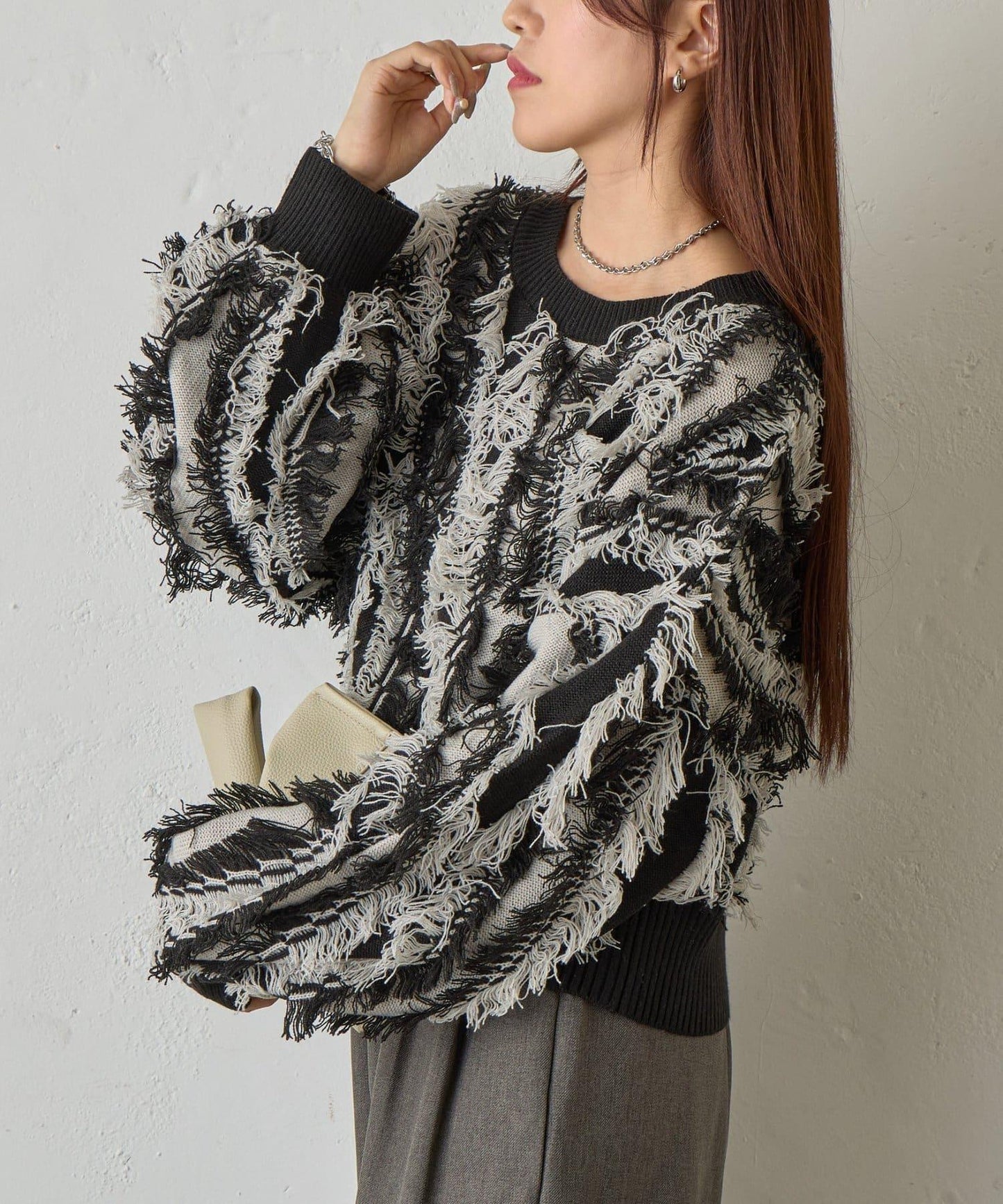流蘇提花針織套頭衫