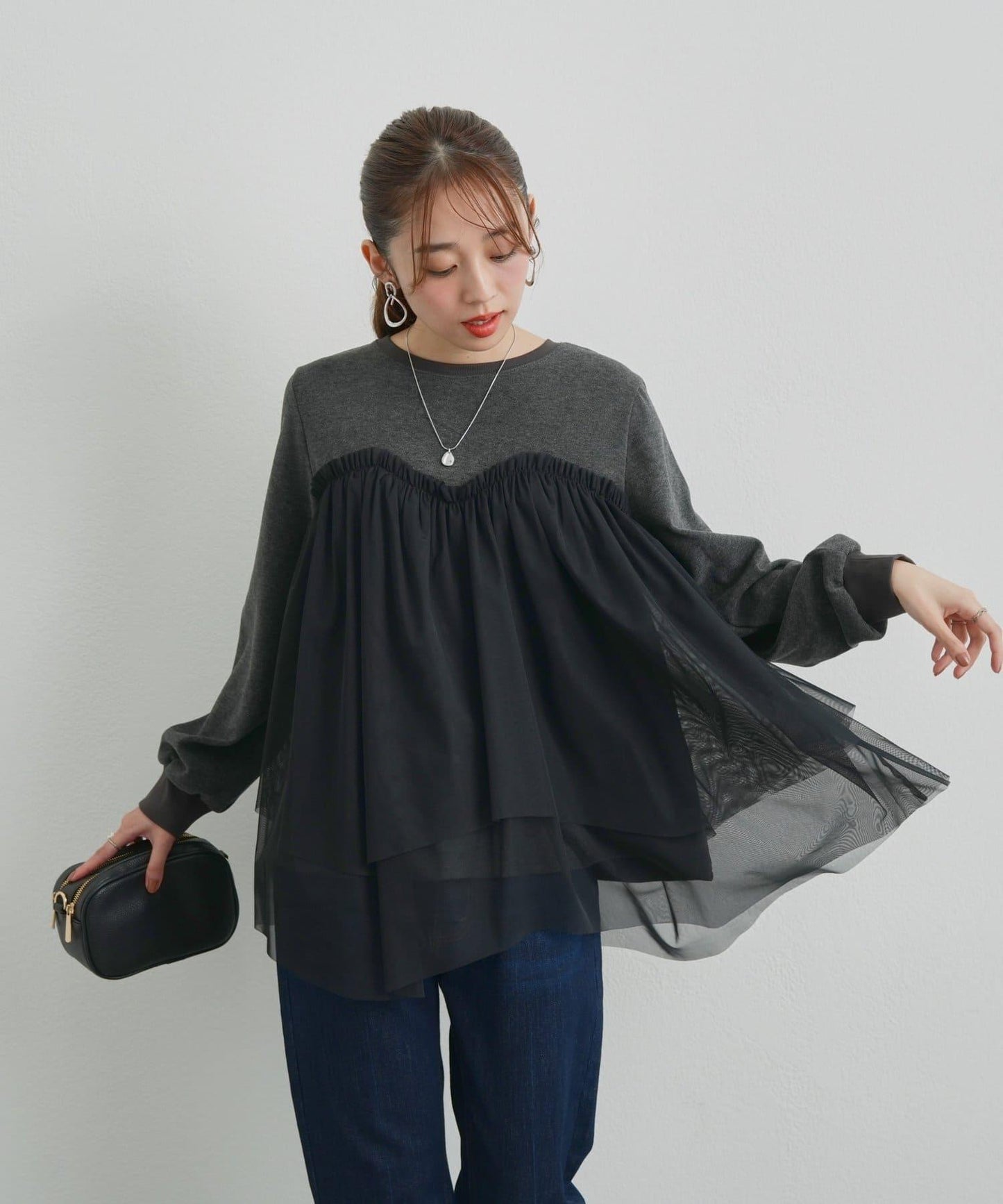 大人甜美風格拼接網紗套頭衫