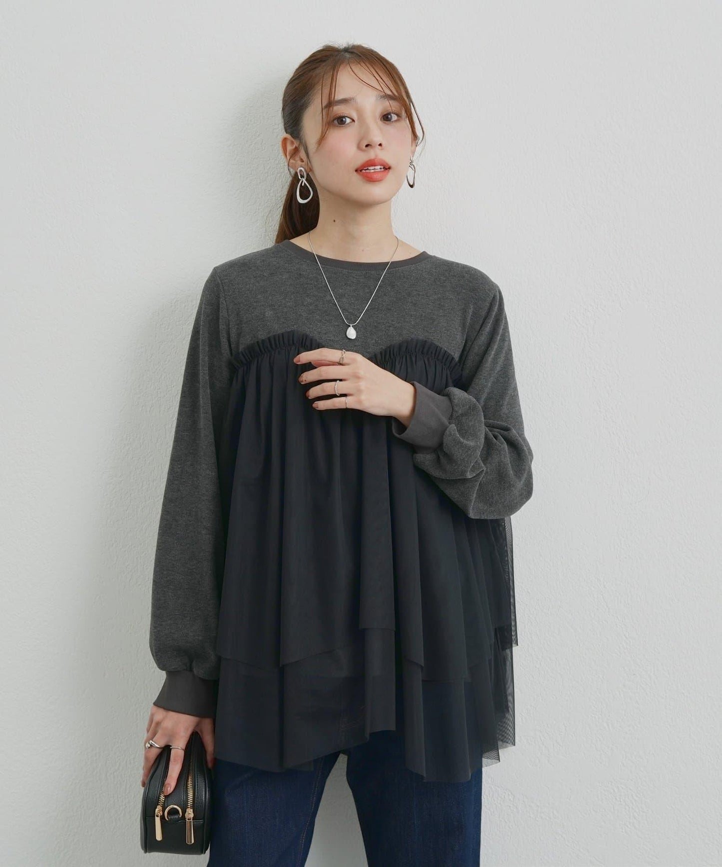 大人甜美風格拼接網紗套頭衫