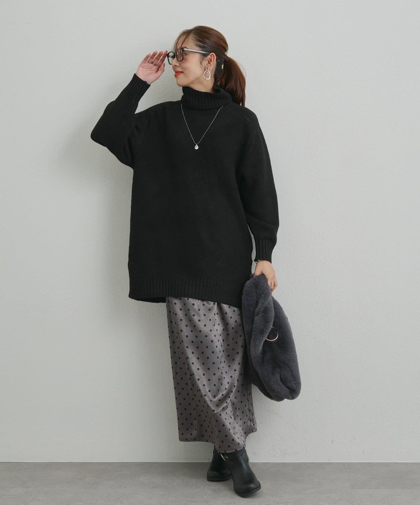 高搭配性羊毛風高領針織長款上衣