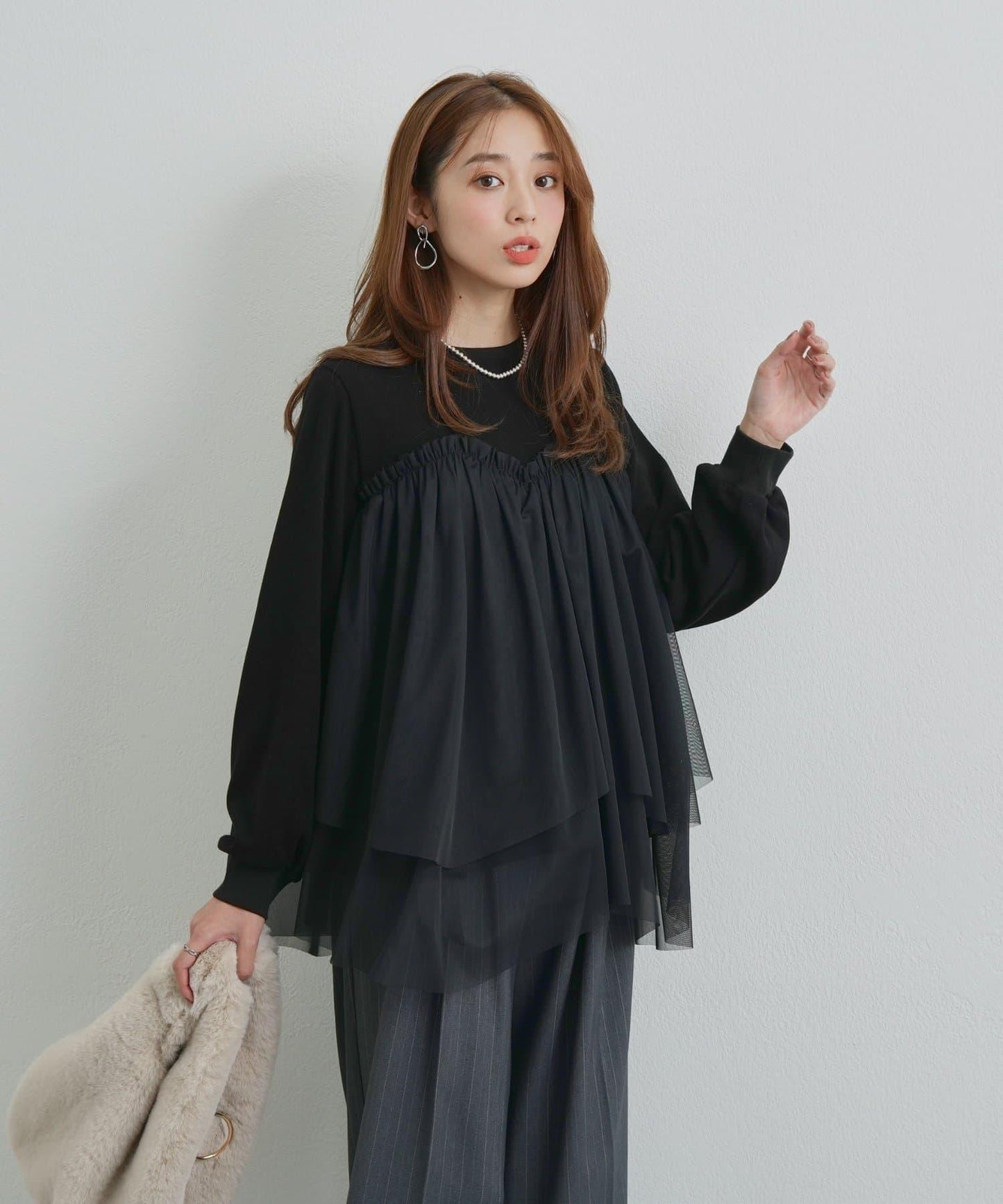 大人甜美風格拼接網紗套頭衫