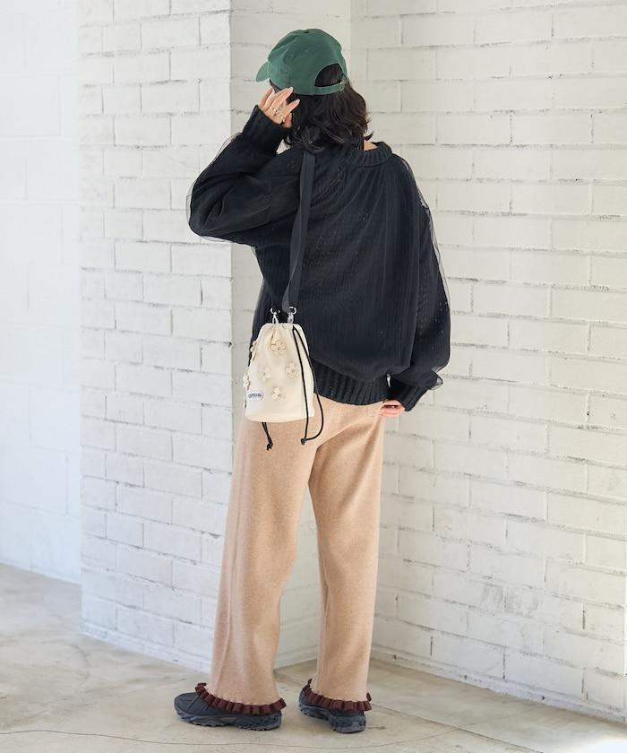 拼色下襬荷葉邊針織休閒褲