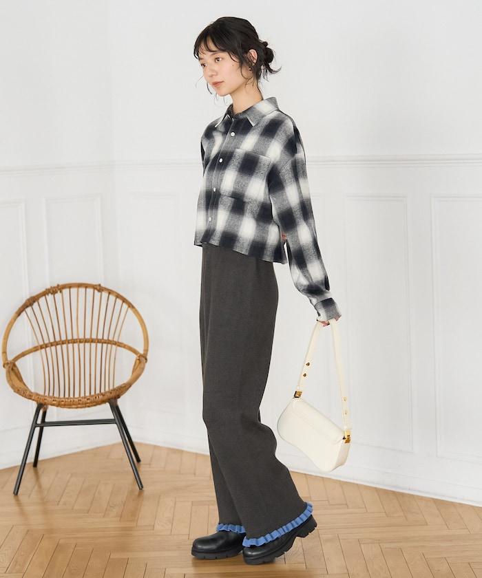 拼色下襬荷葉邊針織休閒褲