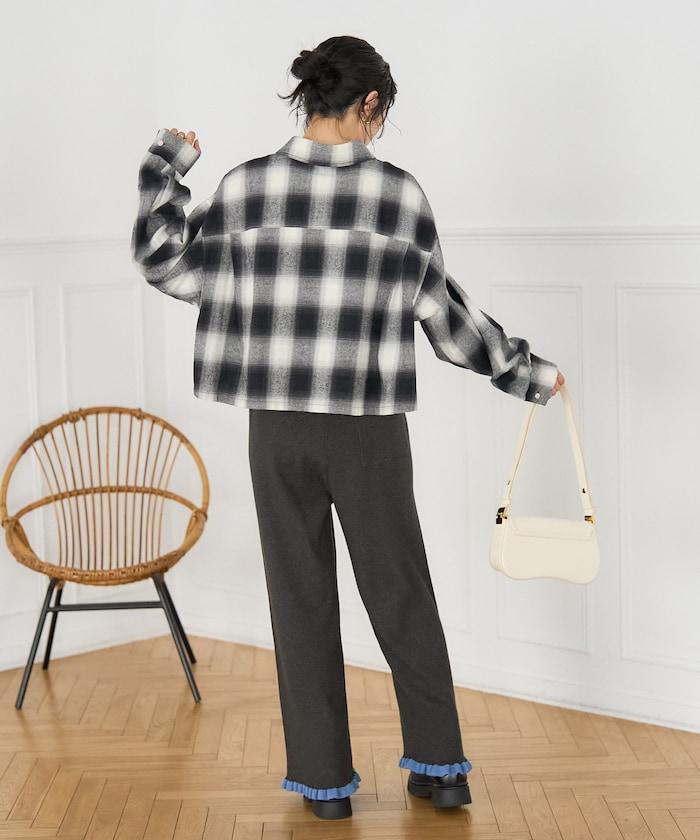 拼色下襬荷葉邊針織休閒褲