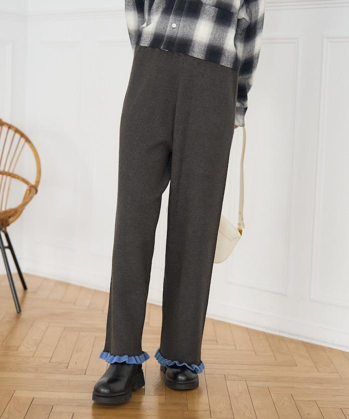 拼色下襬荷葉邊針織休閒褲