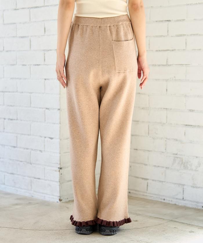 拼色下襬荷葉邊針織休閒褲