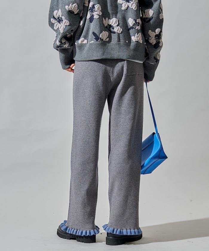 拼色下襬荷葉邊針織休閒褲