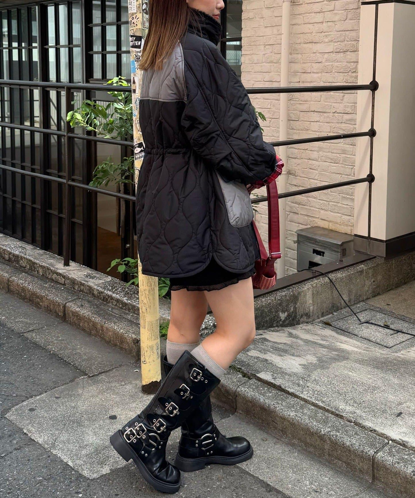 拼接羊羔絨拼色夾棉中長款外套