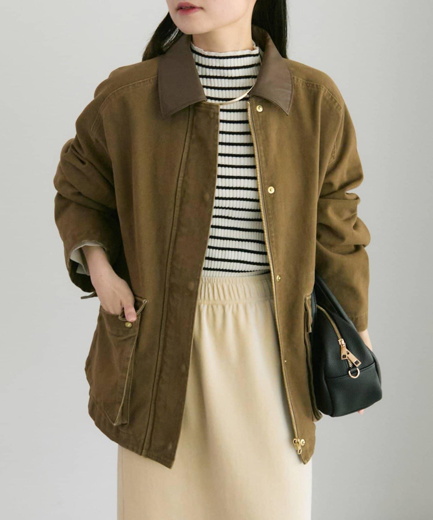 仿皮革翻領工裝夾克