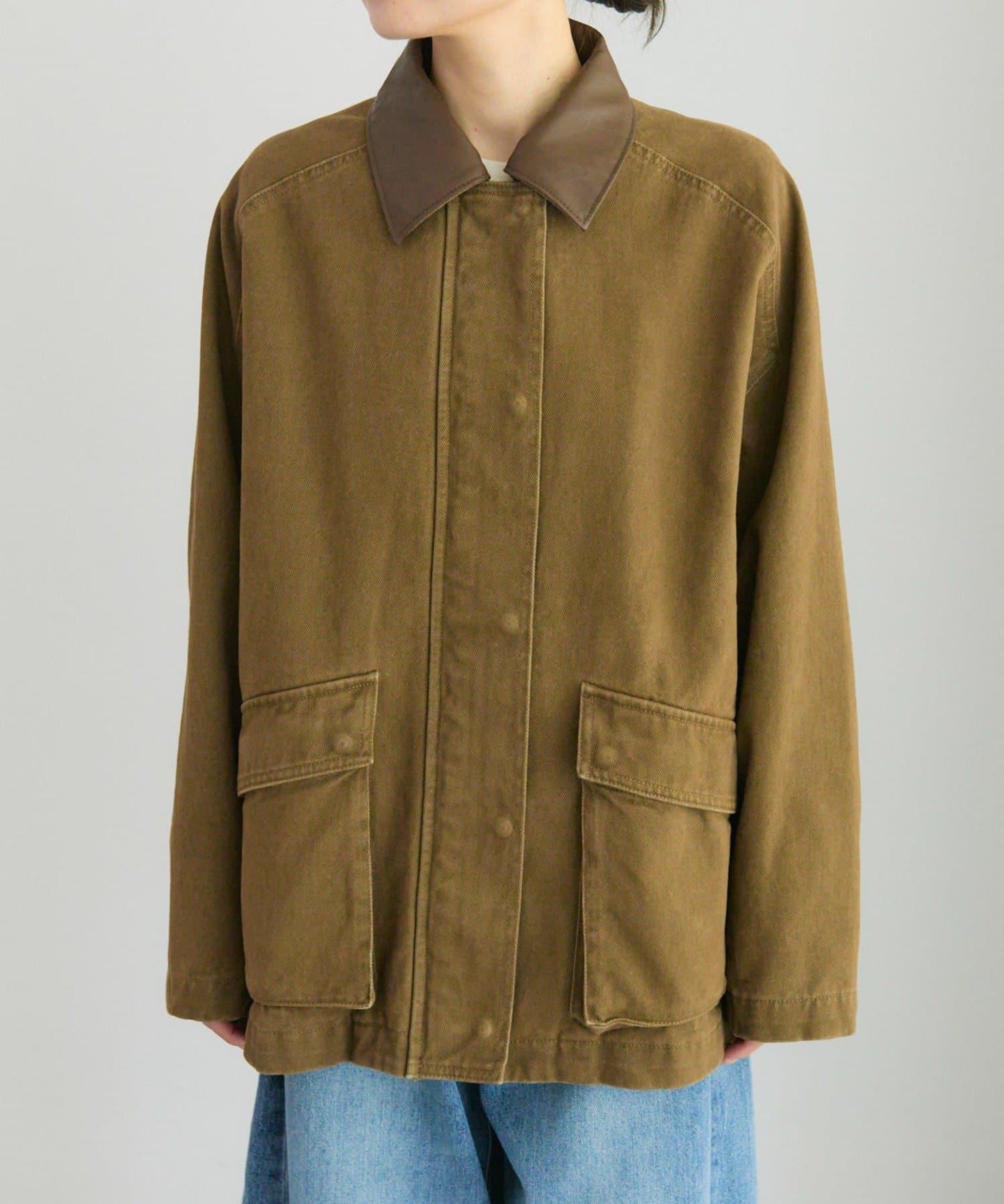 仿皮革翻領工裝夾克