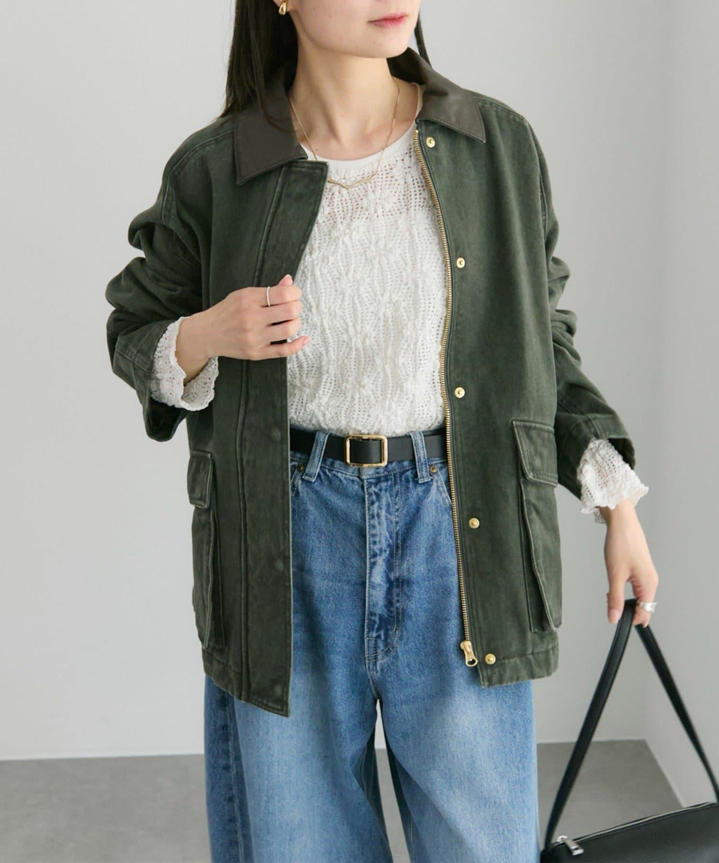 仿皮革翻領工裝夾克