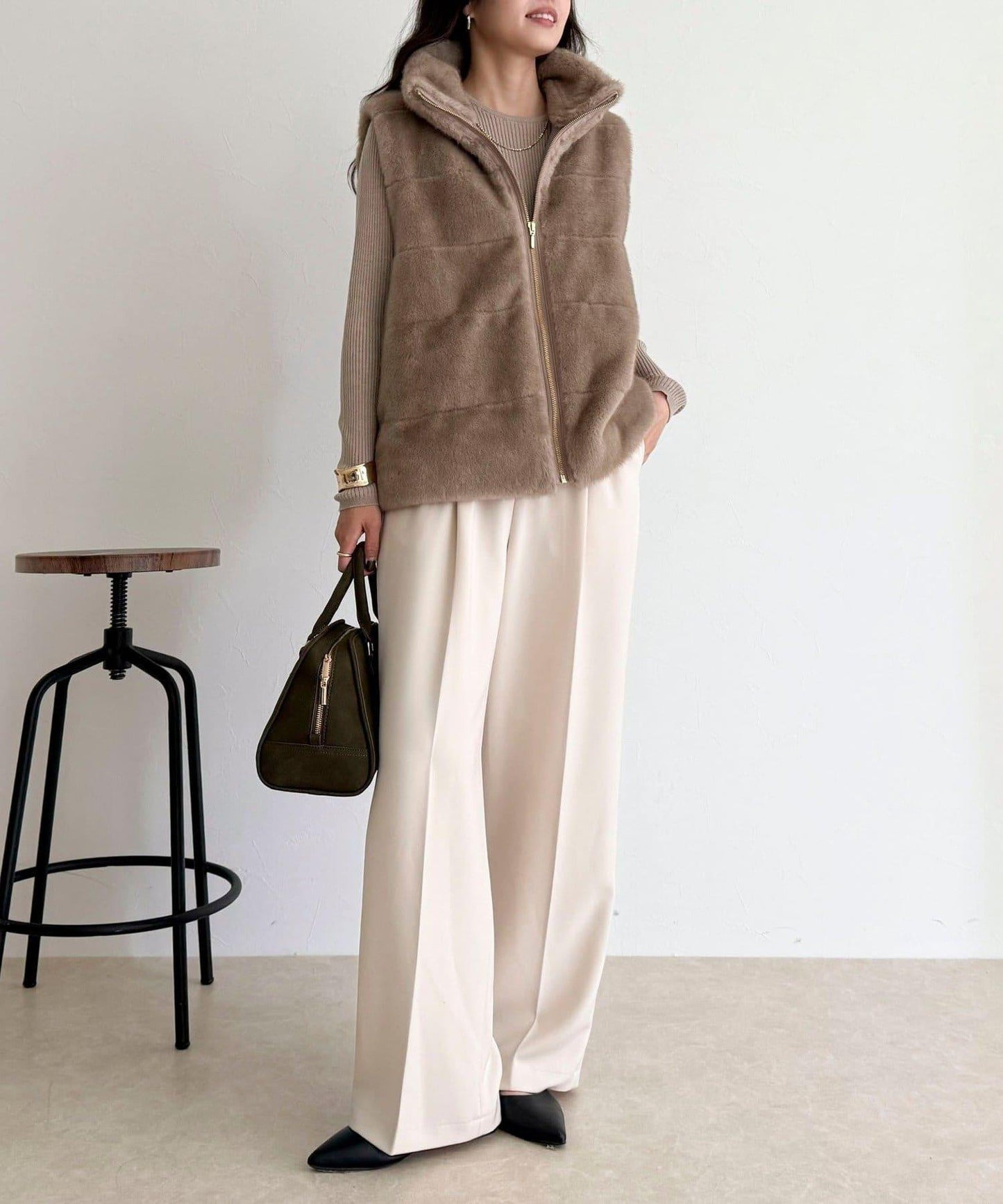 條紋絎縫毛絨馬甲