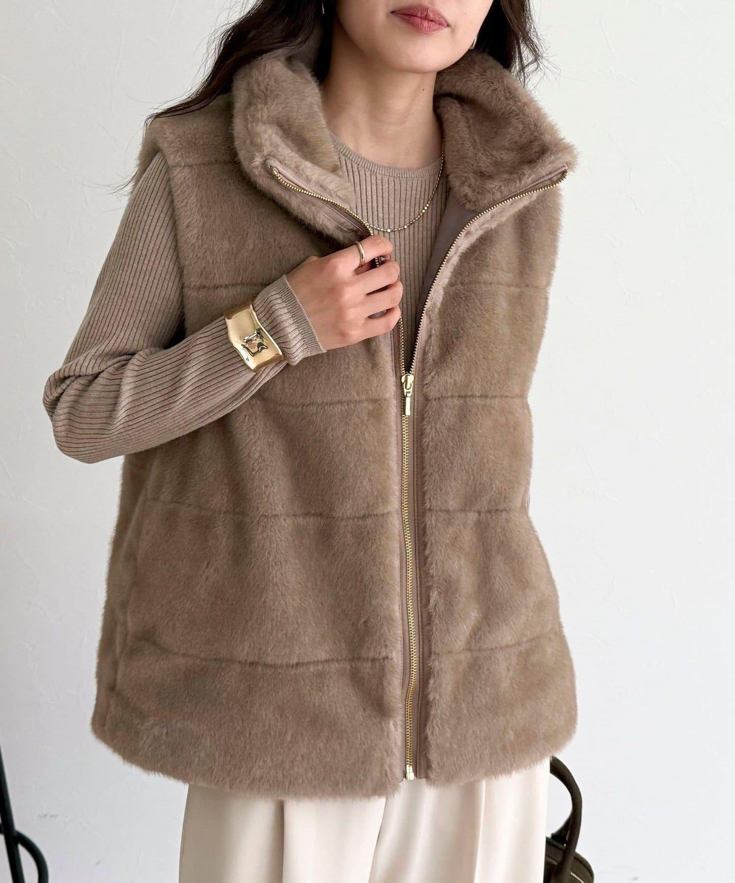 條紋絎縫毛絨馬甲