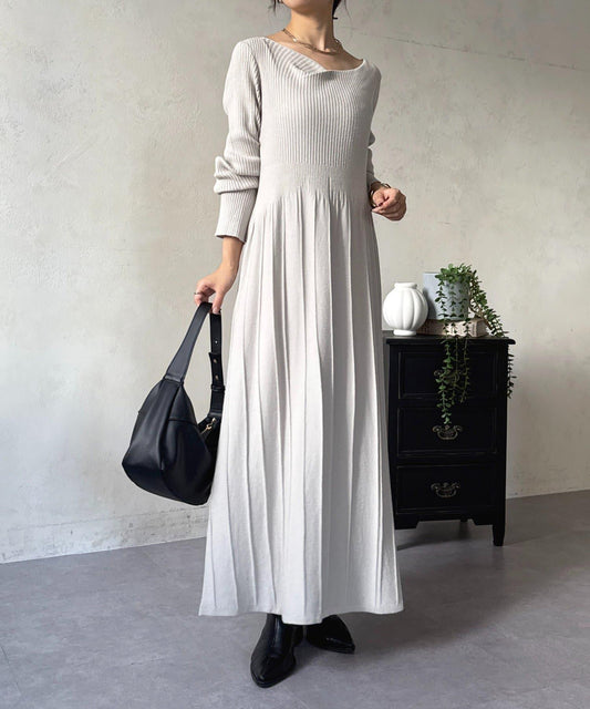 垂領拼接羅紋針織連衣裙