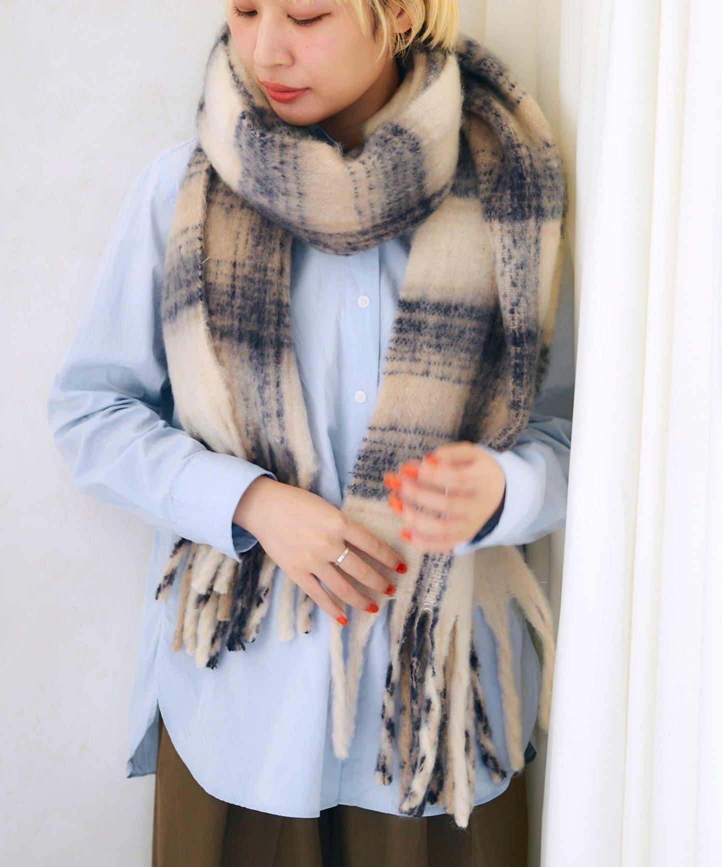 フリンジボリュームチェックマフラー