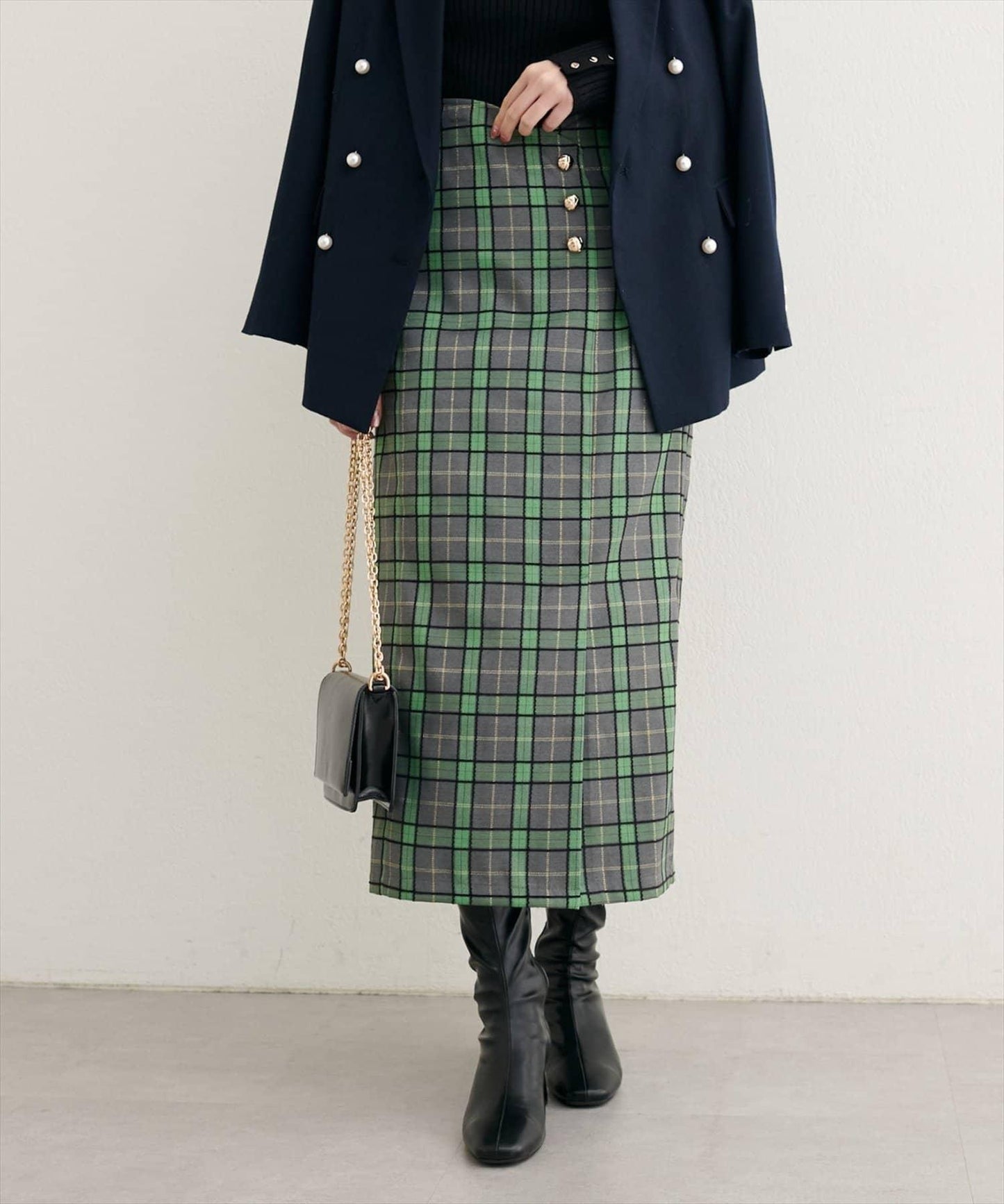 【natural couture】設計紐扣假兩件格紋半身裙