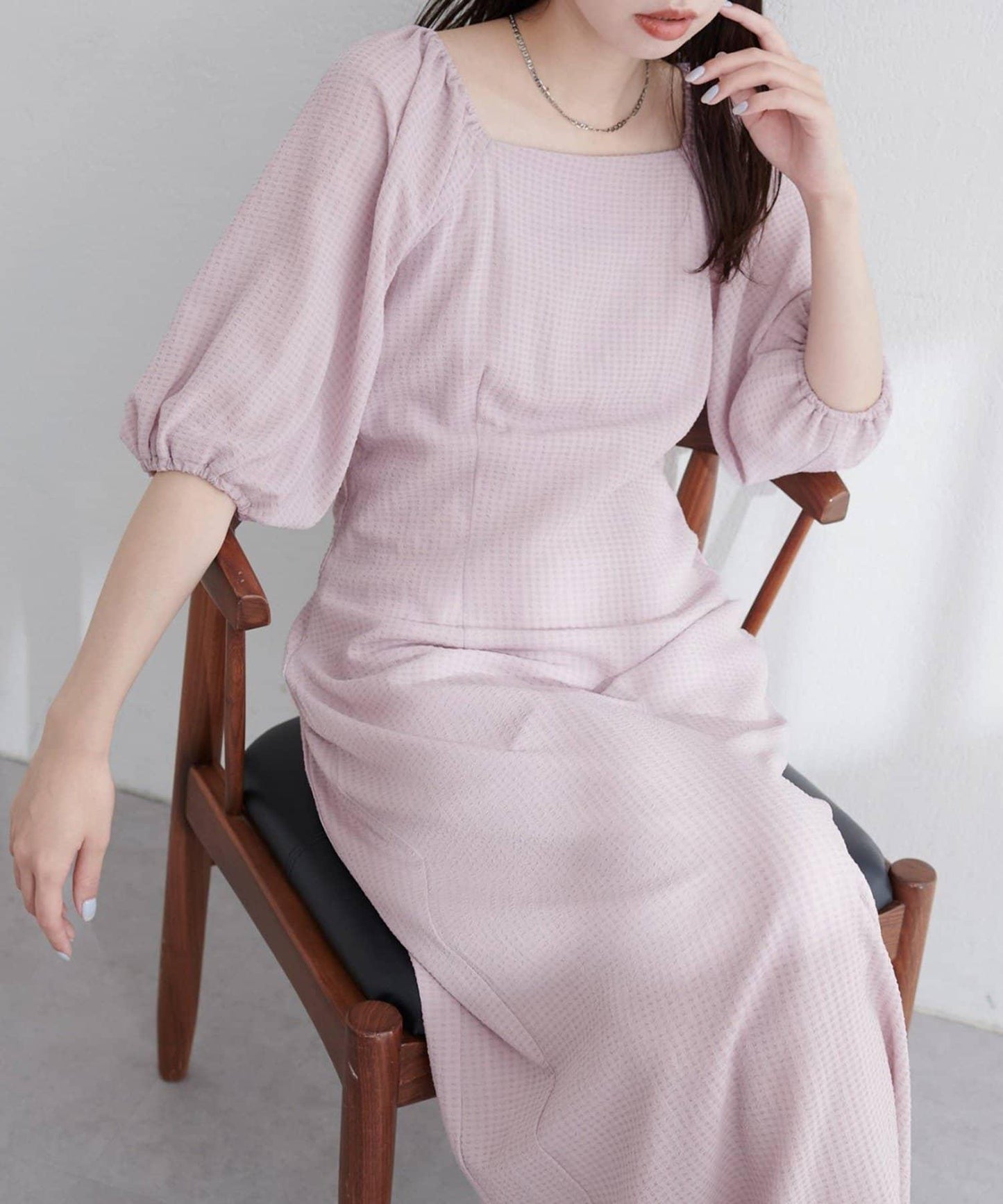 【natural couture】立體格紋泡泡袖連衣裙