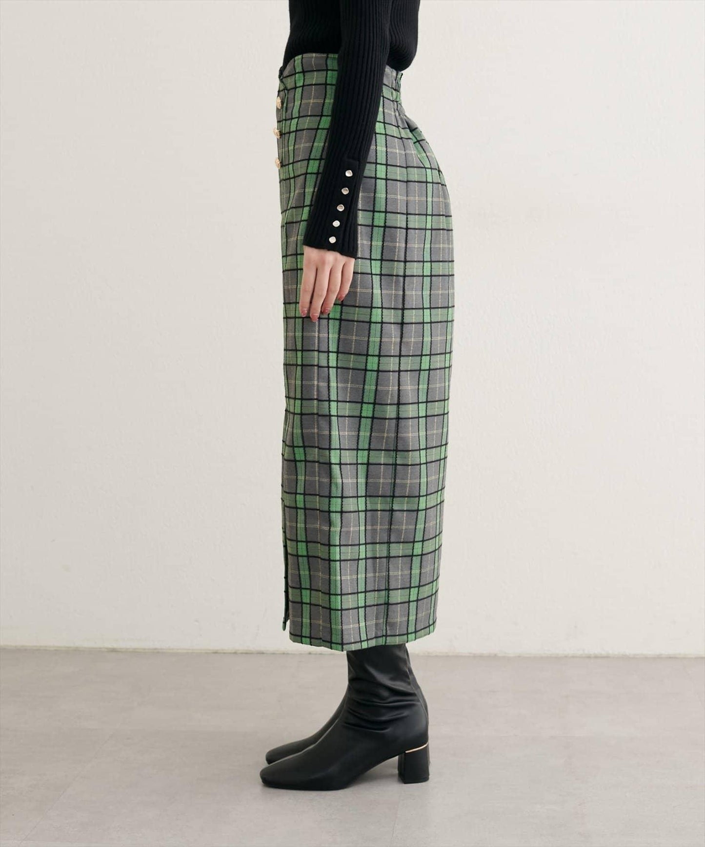 【natural couture】設計紐扣假兩件格紋半身裙