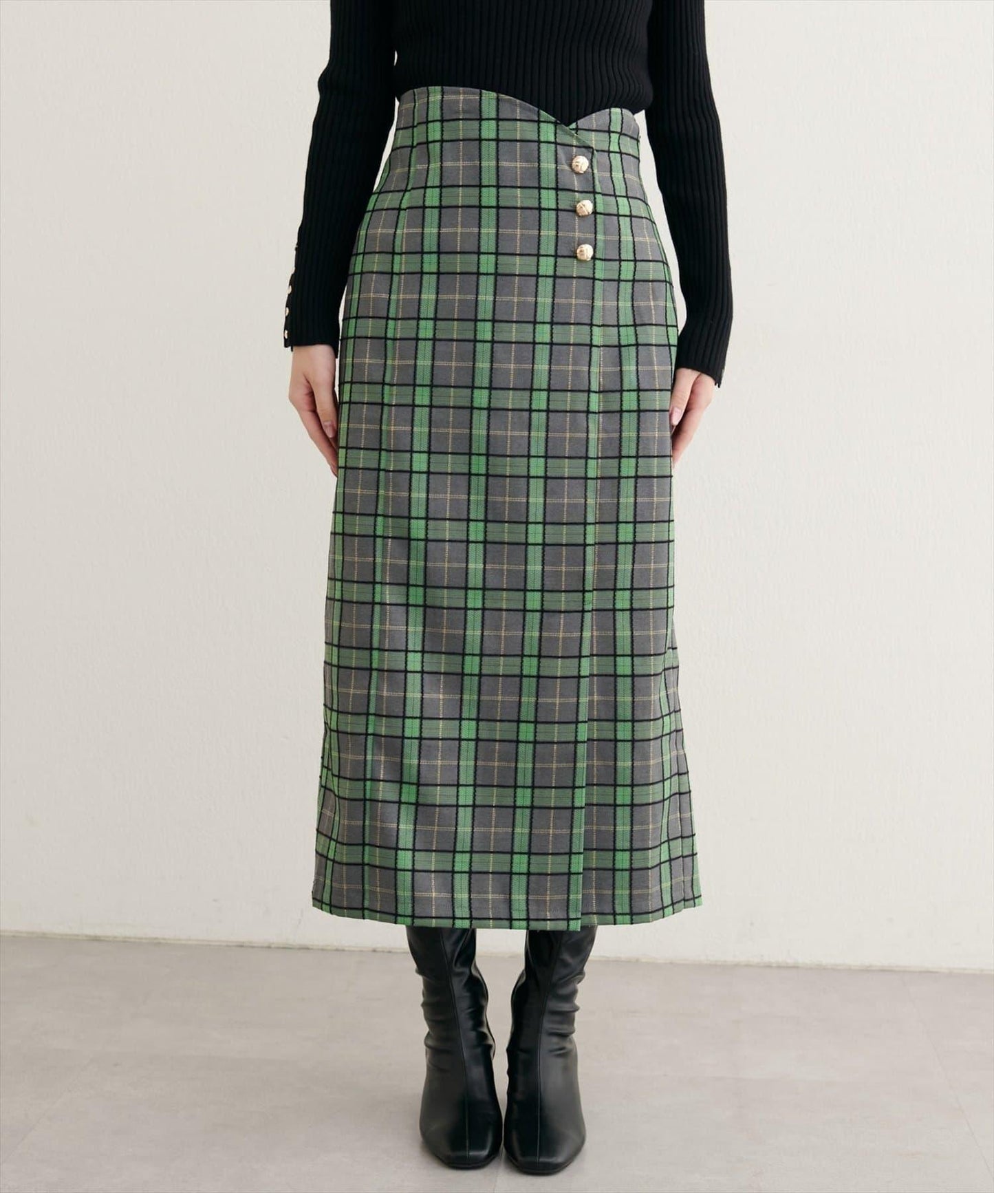 【natural couture】設計紐扣假兩件格紋半身裙