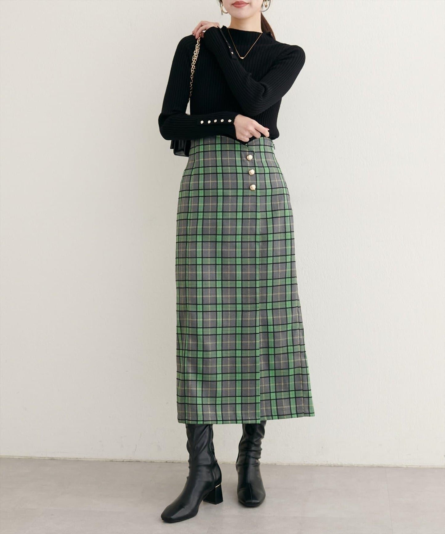 【natural couture】設計紐扣假兩件格紋半身裙