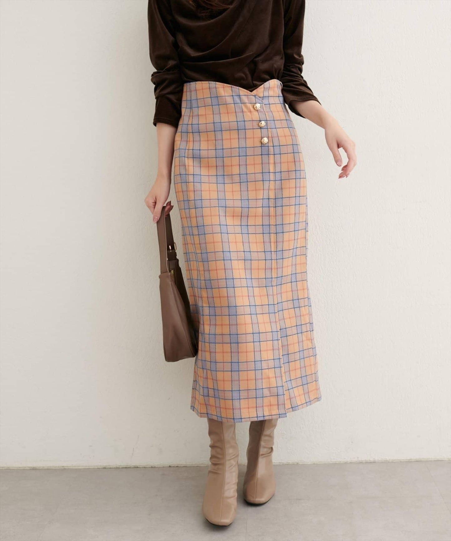 【natural couture】設計紐扣假兩件格紋半身裙