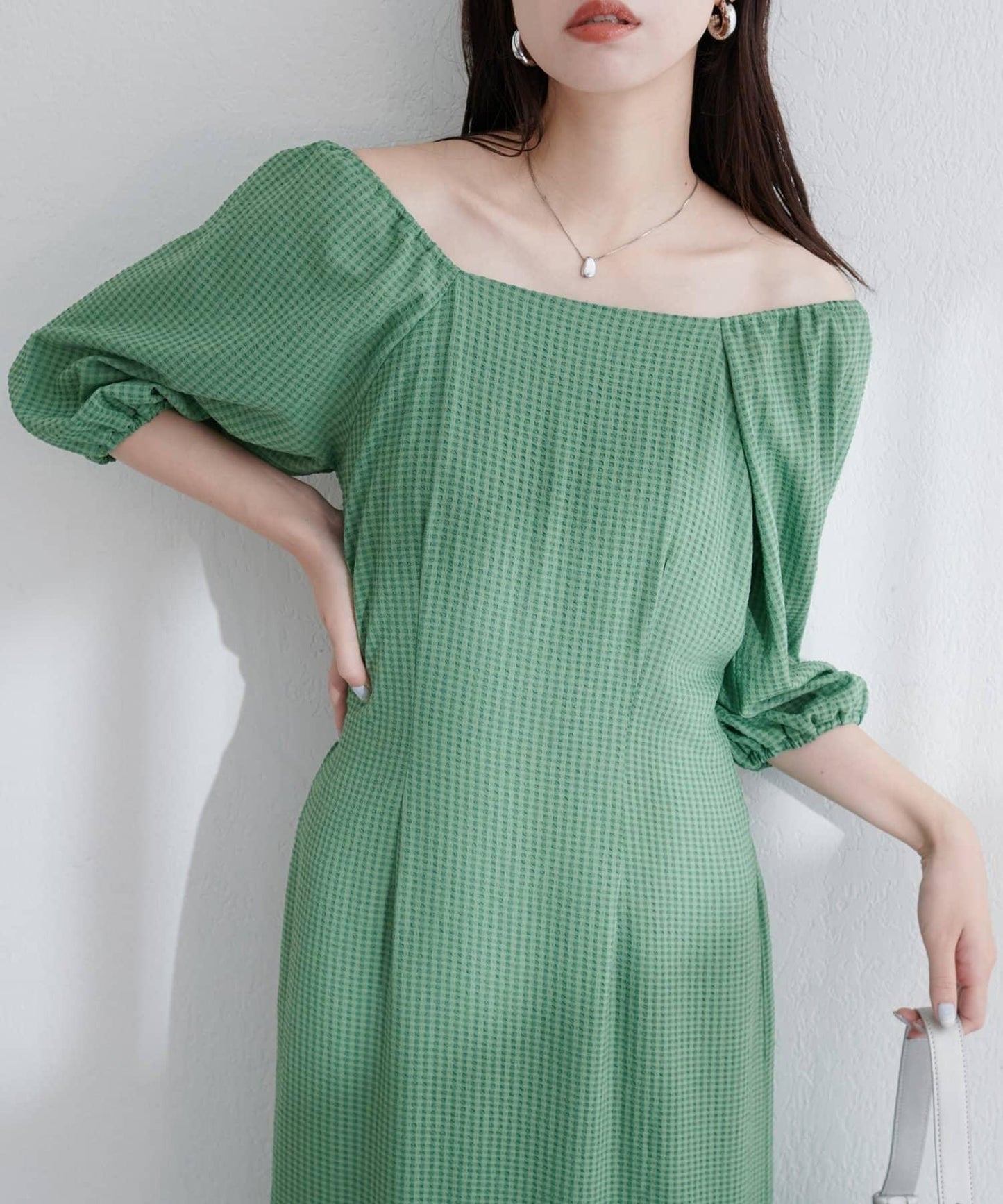 【natural couture】立體格紋泡泡袖連衣裙