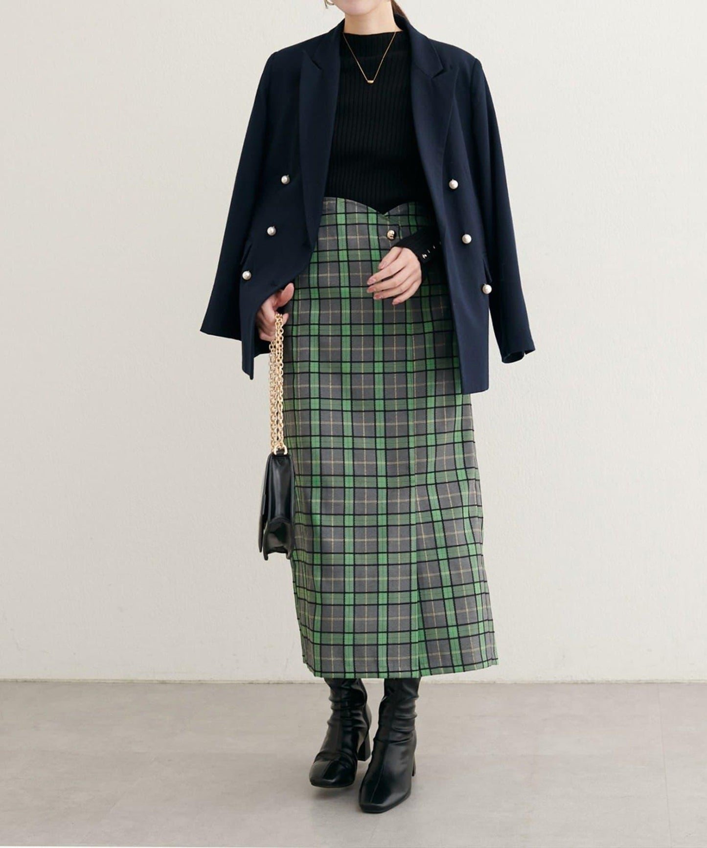 【natural couture】設計紐扣假兩件格紋半身裙