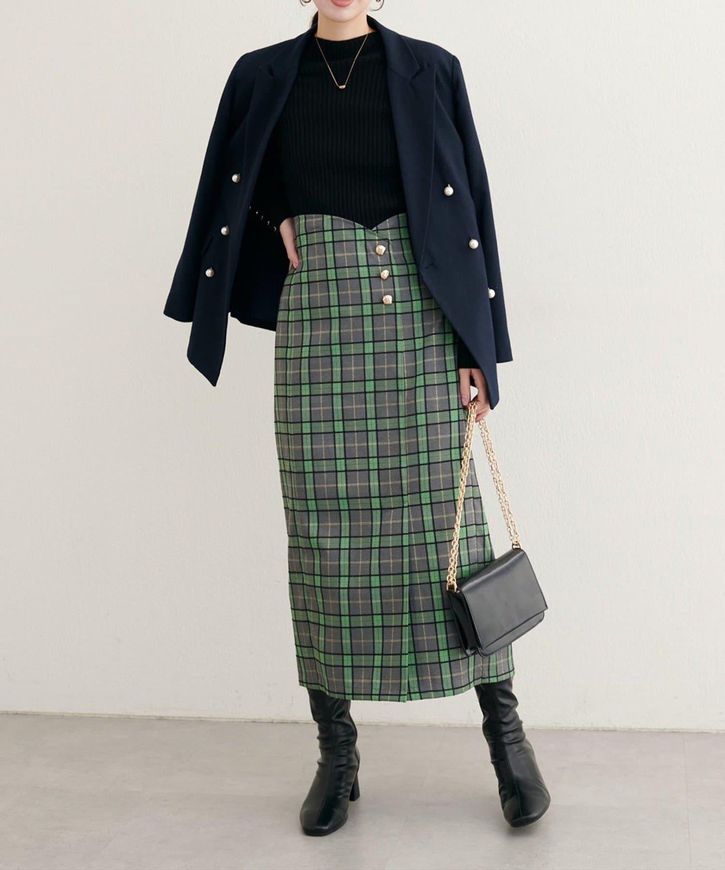 【natural couture】設計紐扣假兩件格紋半身裙