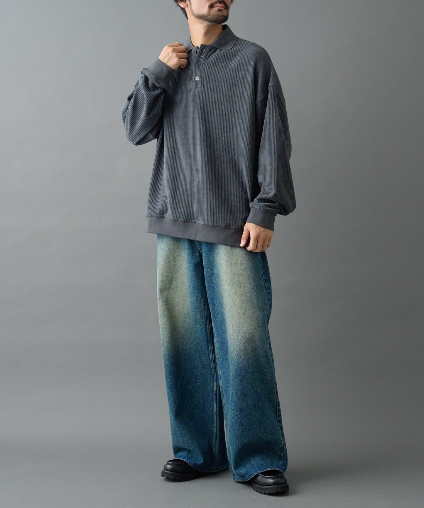 燈芯絨剪裁長袖POLO衫