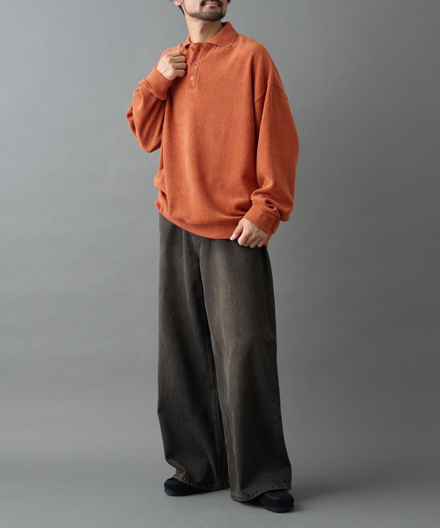 燈芯絨剪裁長袖POLO衫