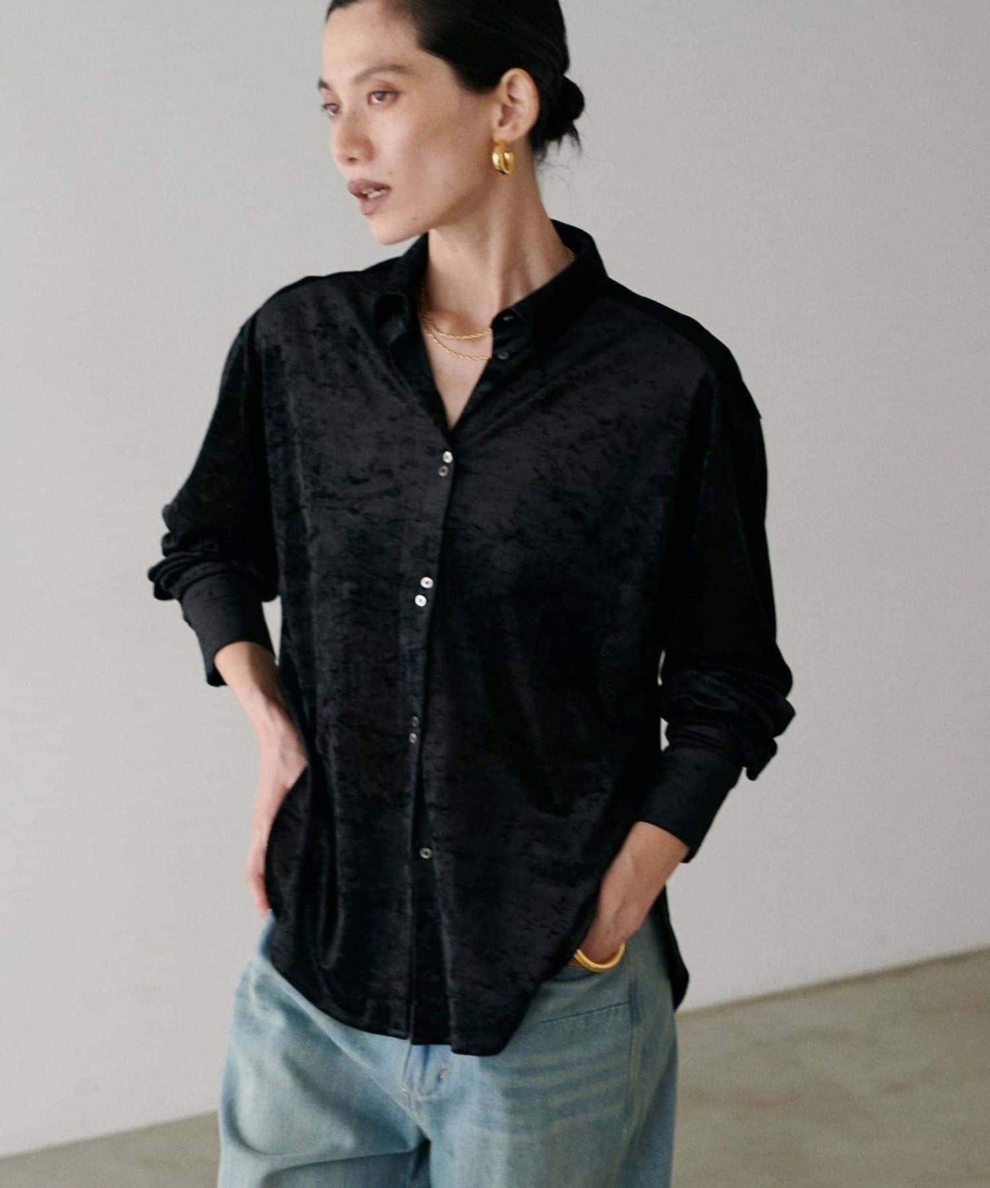 【LARUTA】透視網紗天鵝絨襯衫