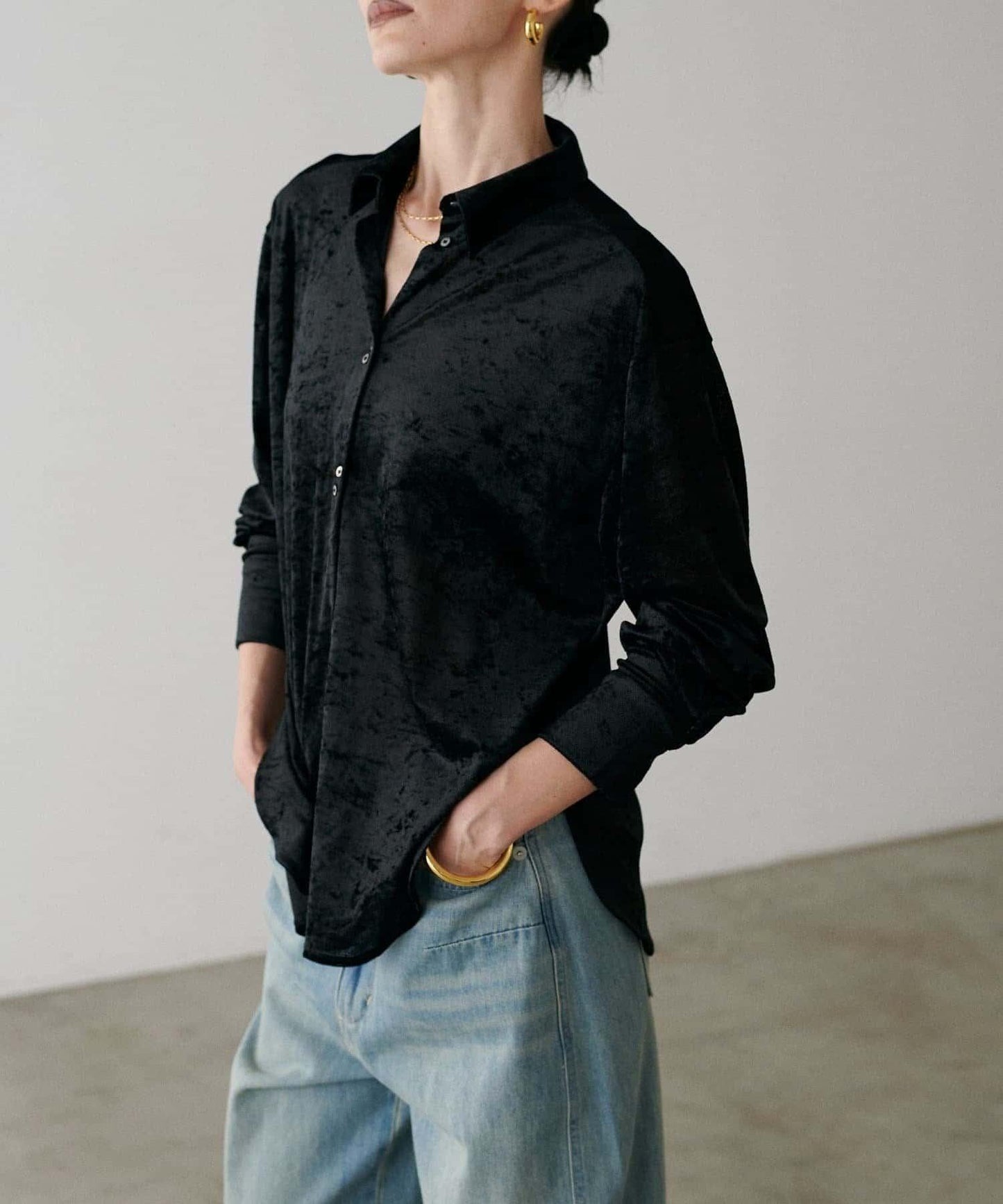 【LARUTA】透視網紗天鵝絨襯衫