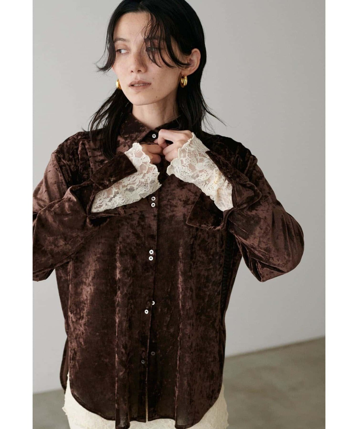 【LARUTA】透視網紗天鵝絨襯衫