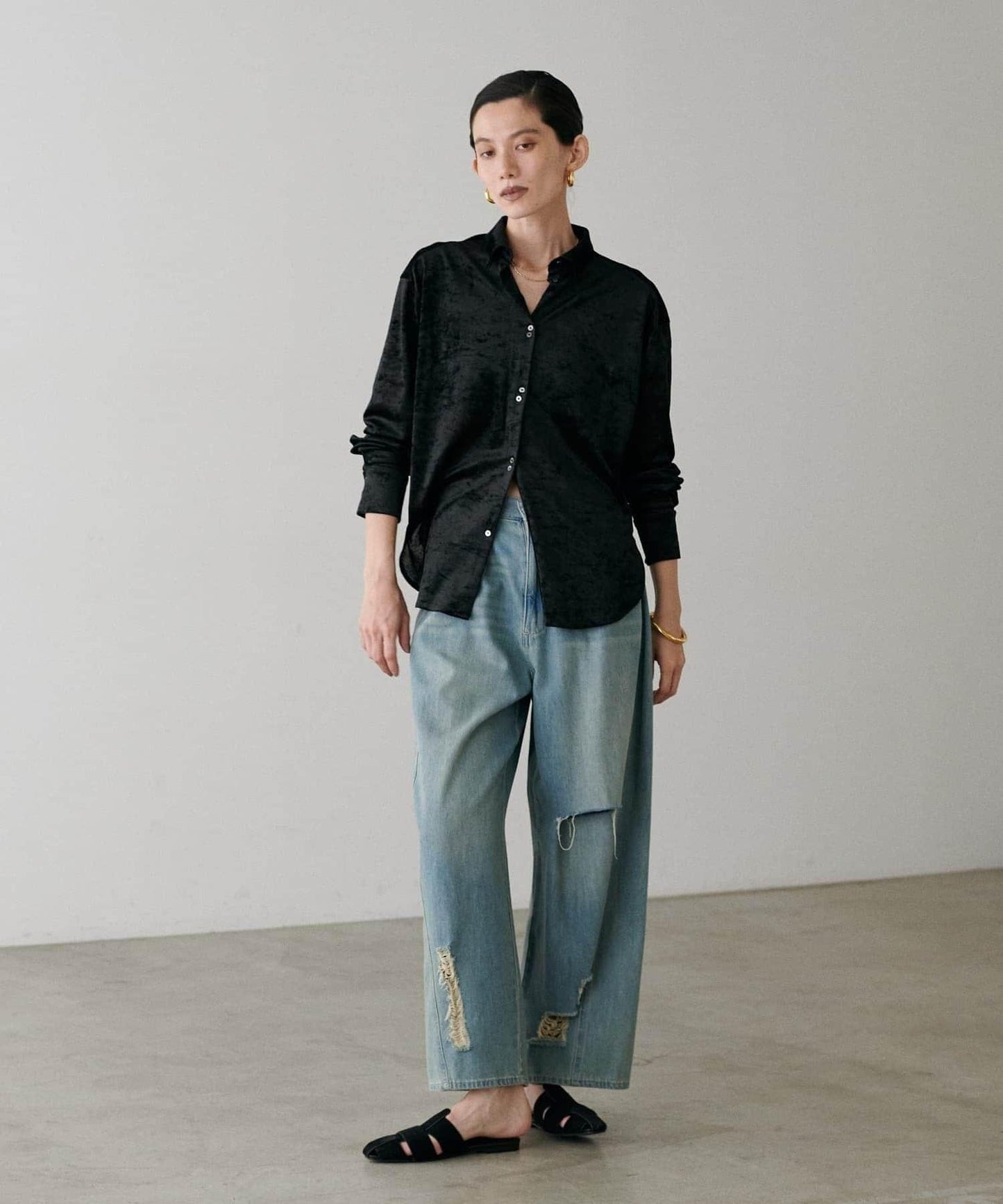 【LARUTA】透視網紗天鵝絨襯衫