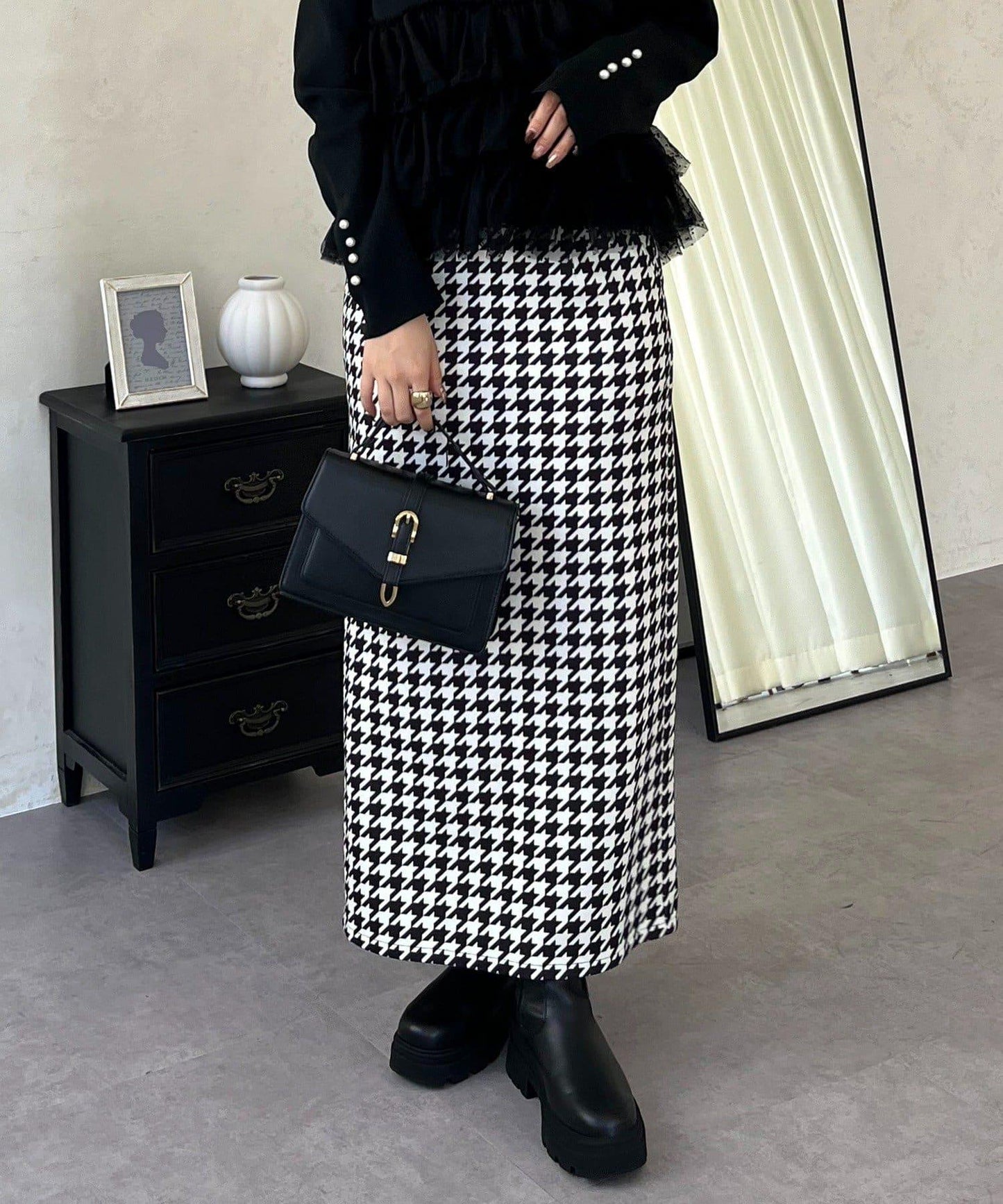 超彈力磨毛格紋修身半身裙