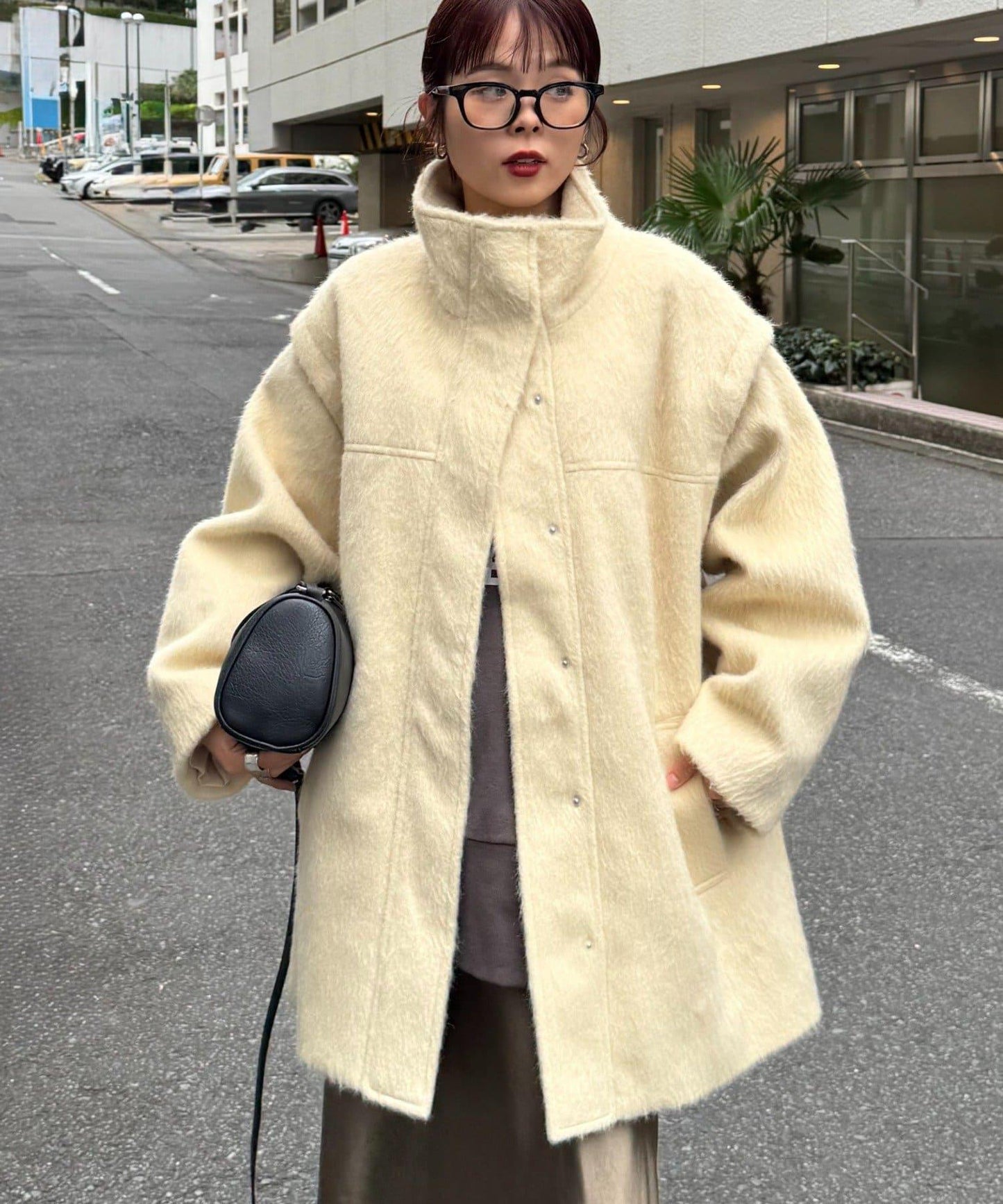 可拆卸毛絨袖立領中長款外套