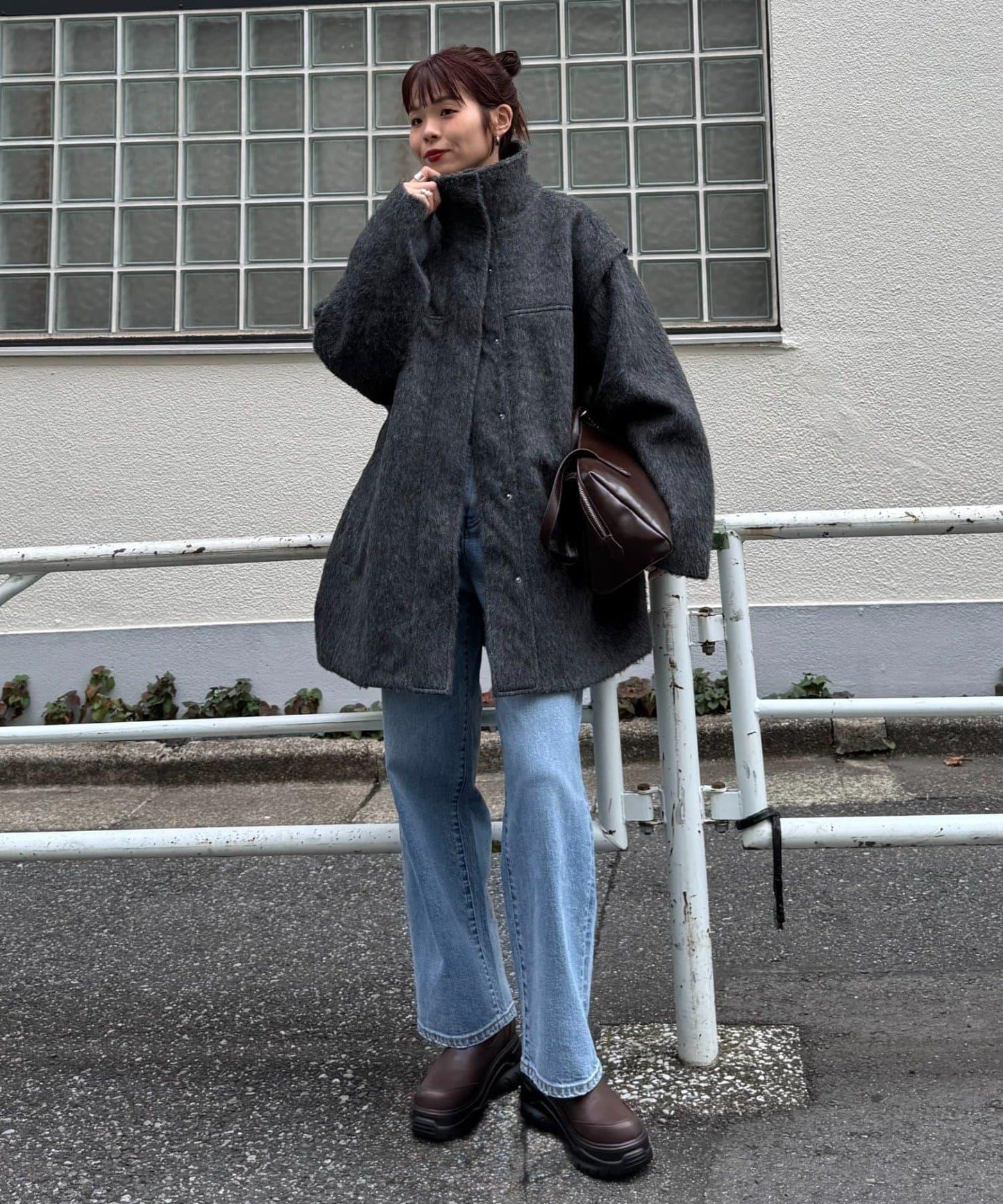 可拆卸毛絨袖立領中長款外套