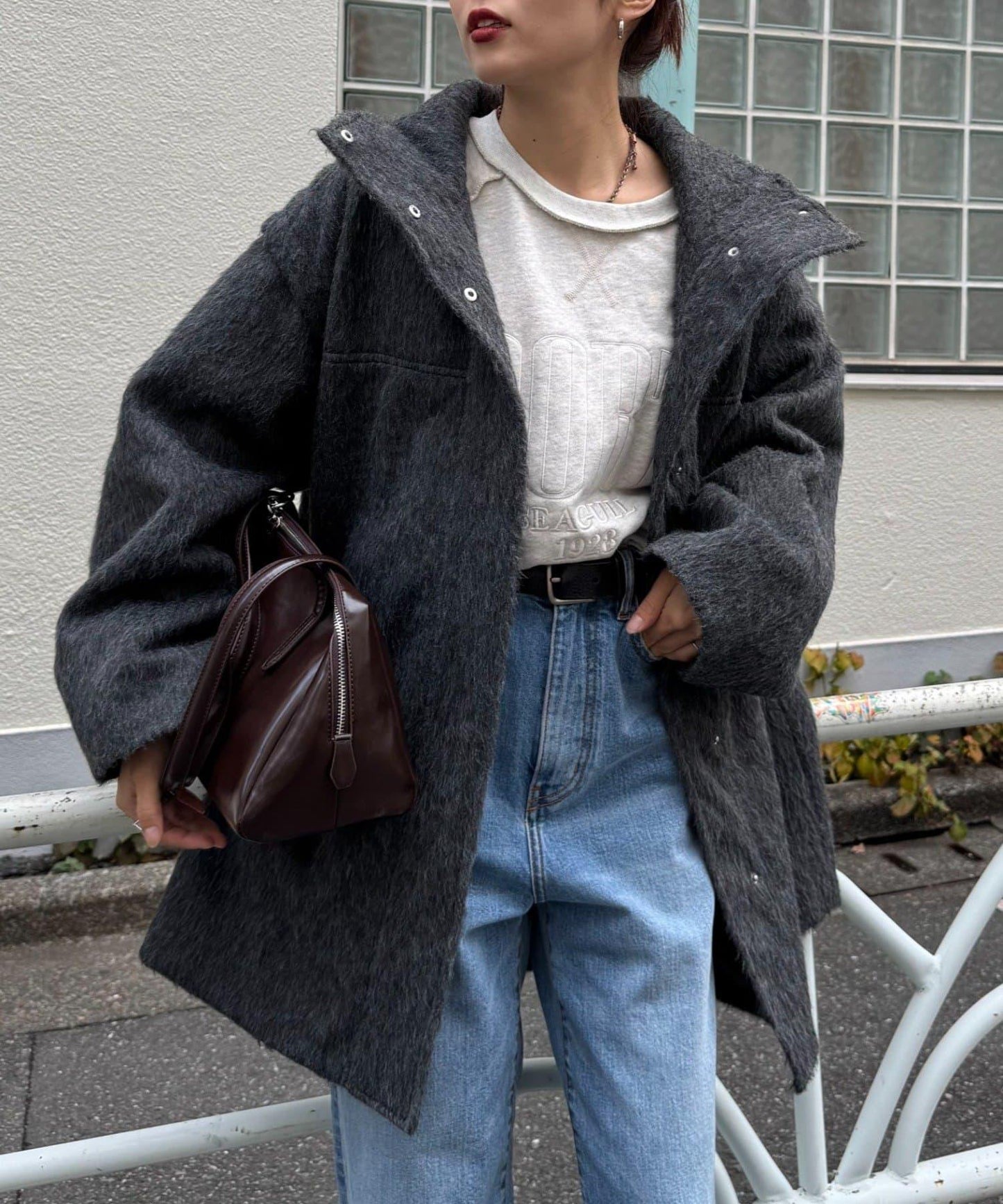 可拆卸毛絨袖立領中長款外套