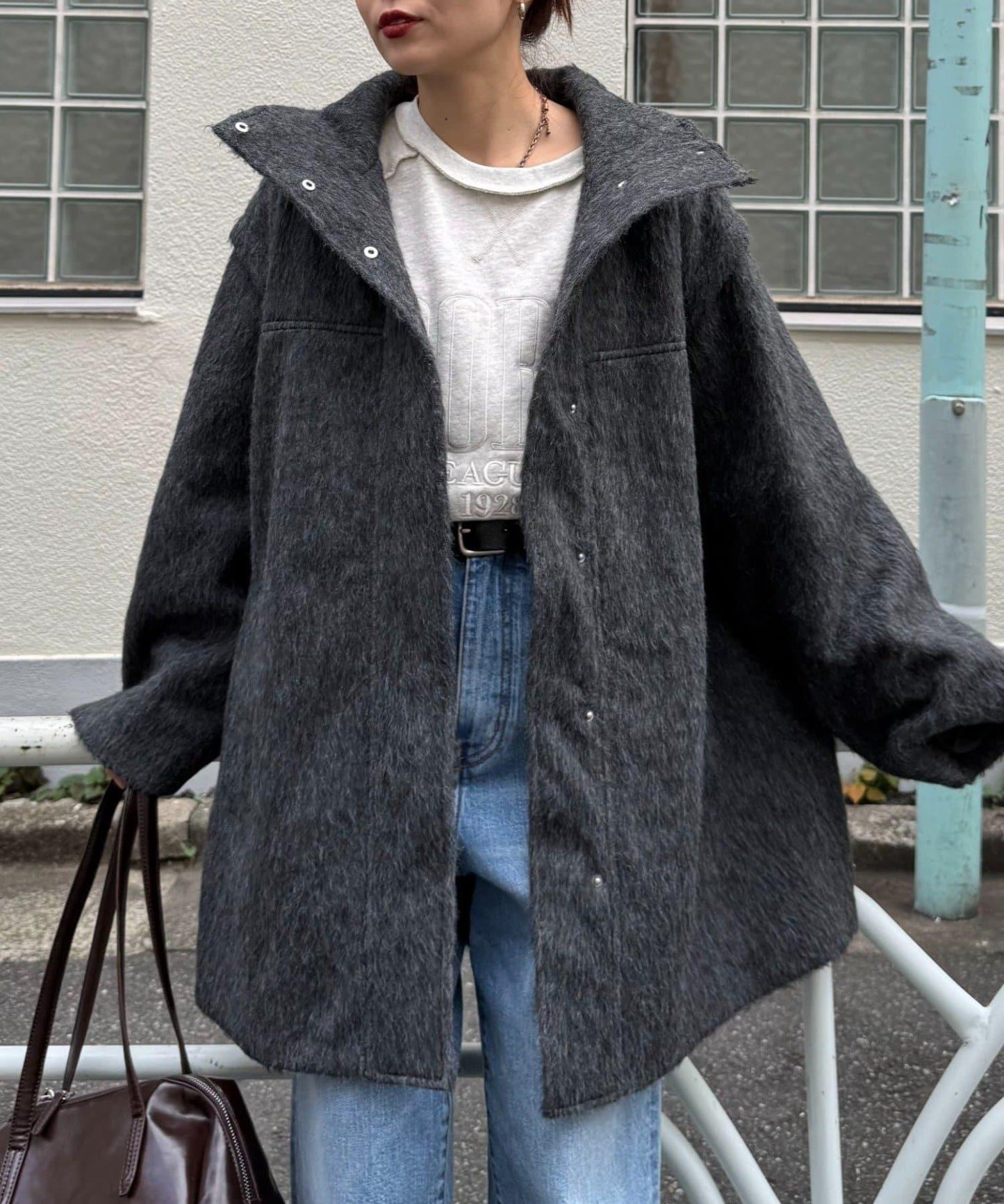 可拆卸毛絨袖立領中長款外套